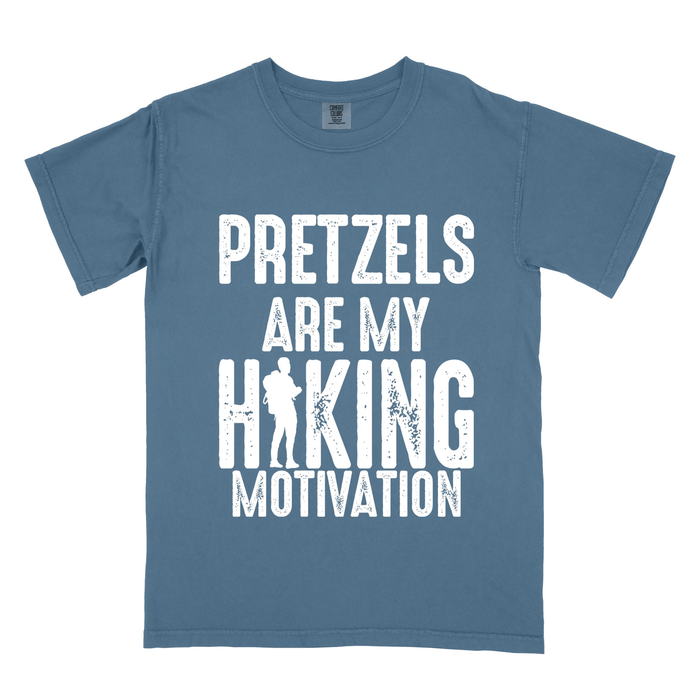 blue jean "Pretzels are my hiking motivation" colored vintage tee with bold typography, and backpacker for pretzel lovers.