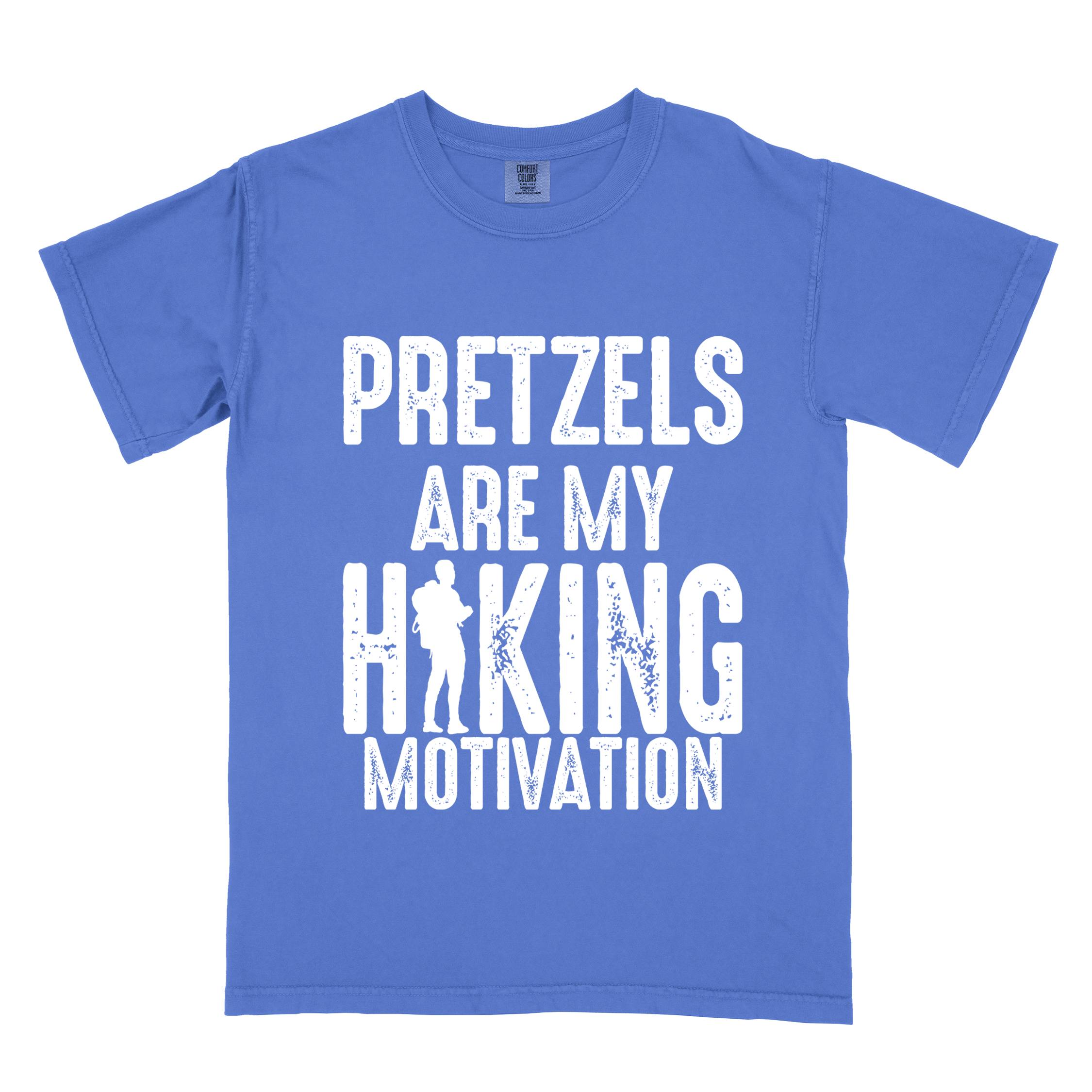Flo blue "Pretzels are my hiking motivation" colored vintage tee with bold typography, and backpacker for pretzel lovers.