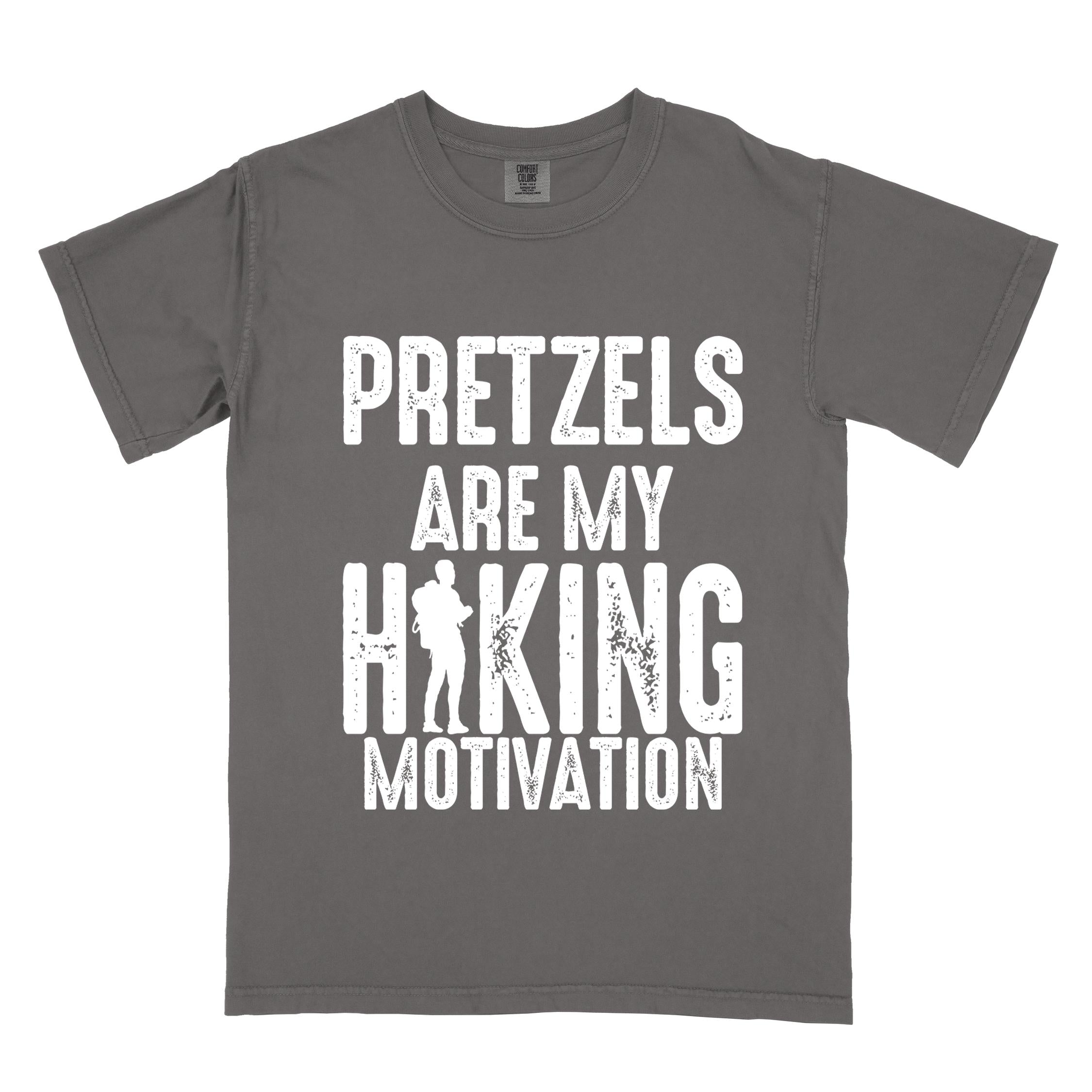 Pepper "Pretzels are my hiking motivation" colored vintage tee with bold typography, and backpacker for pretzel lovers.