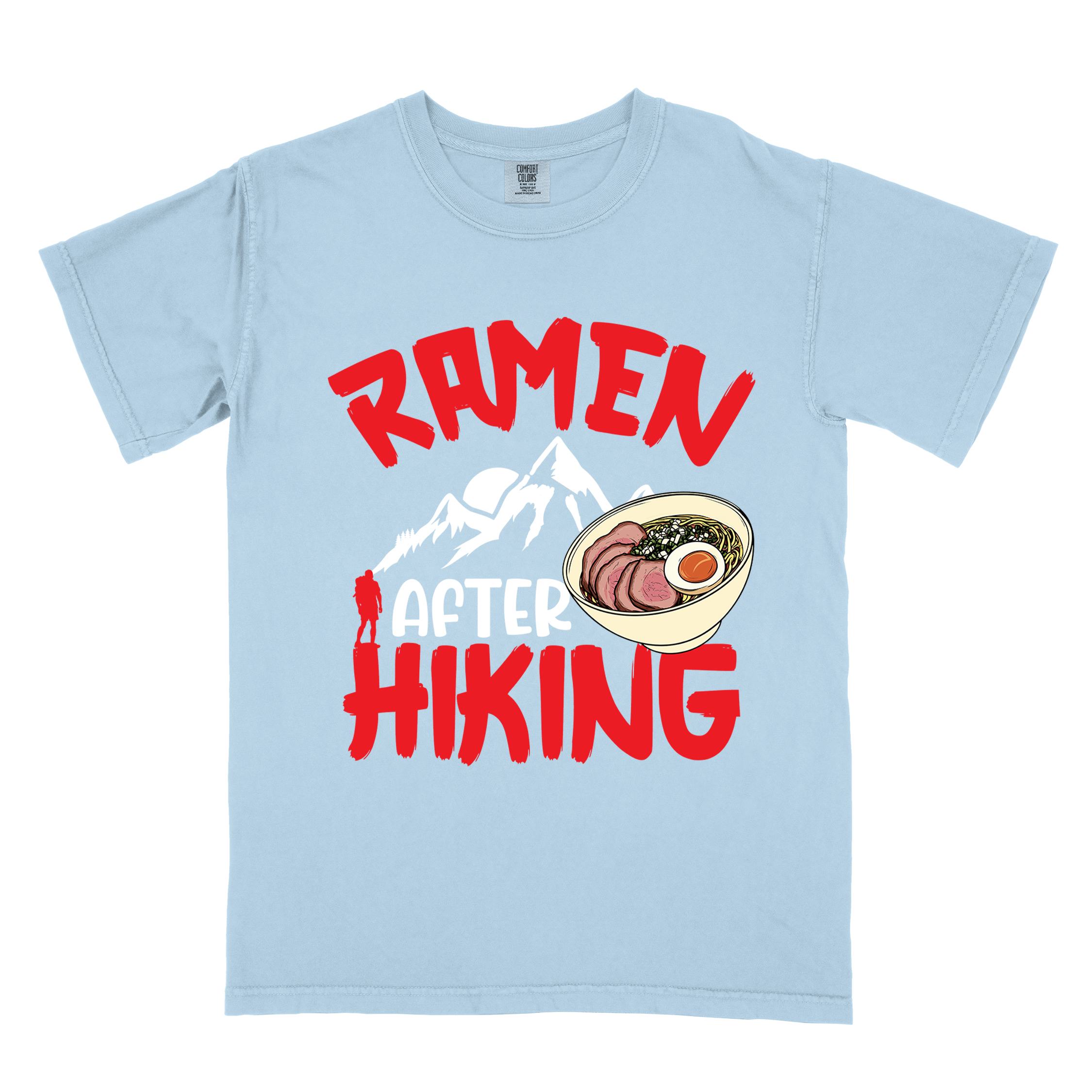 Chambray “Ramen after hiking” colored vintage tee with bold text, mountain, Illustration of hot ramen. Perfect tee for a foodie craving for a bowl of ramen