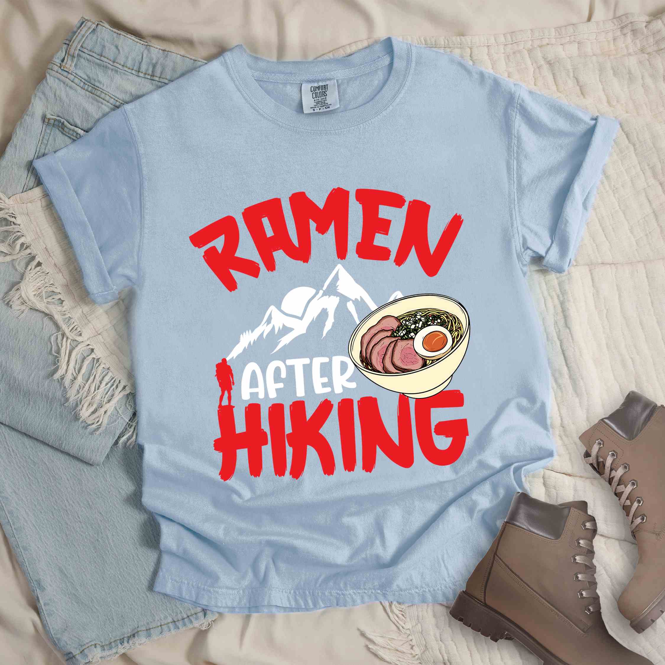 chambray “Ramen after hiking” colored vintage tee with bold text, mountain, Illustration of hot ramen. Perfect tee for a foodie craving for a bowl of ramen