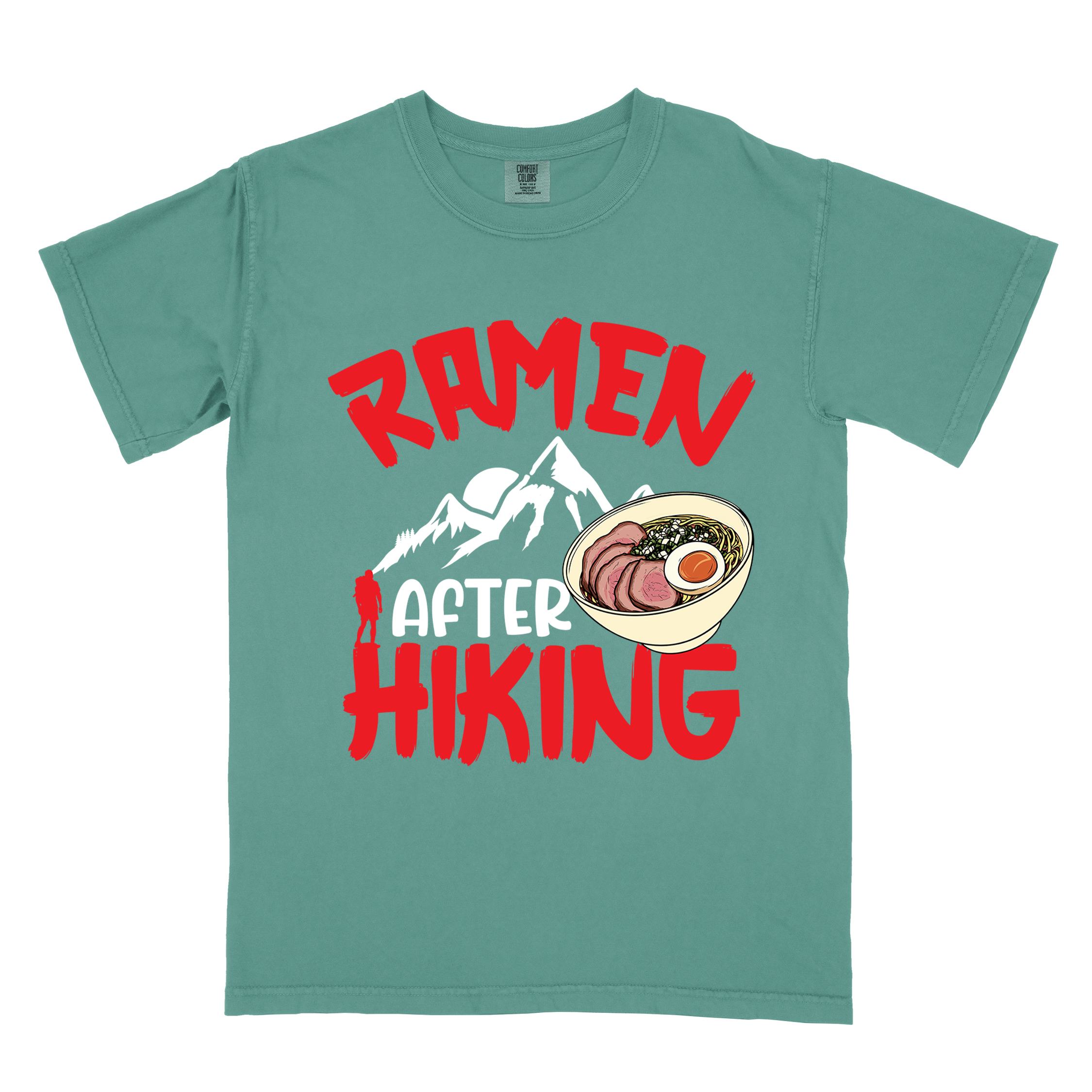 Light green “Ramen after hiking” colored vintage tee with bold text, mountain, Illustration of hot ramen. Perfect tee for a foodie craving for a bowl of ramen