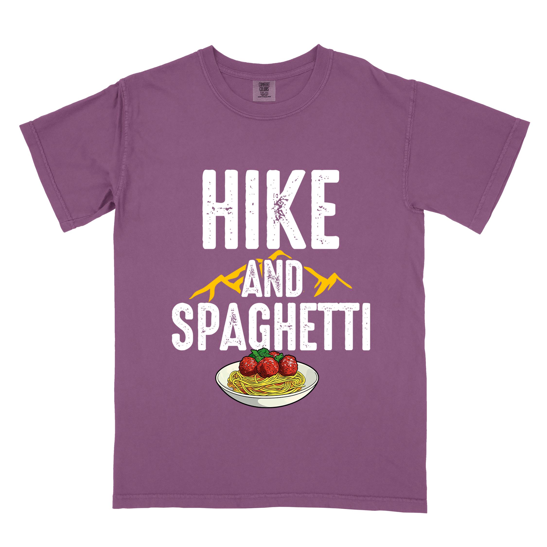 Berry "Hike and Spaghetti" colored vintage tee with bold typography, birds, mountains, illustrated plate of spaghetti and meatballs, and backpacker for pasta lovers.
