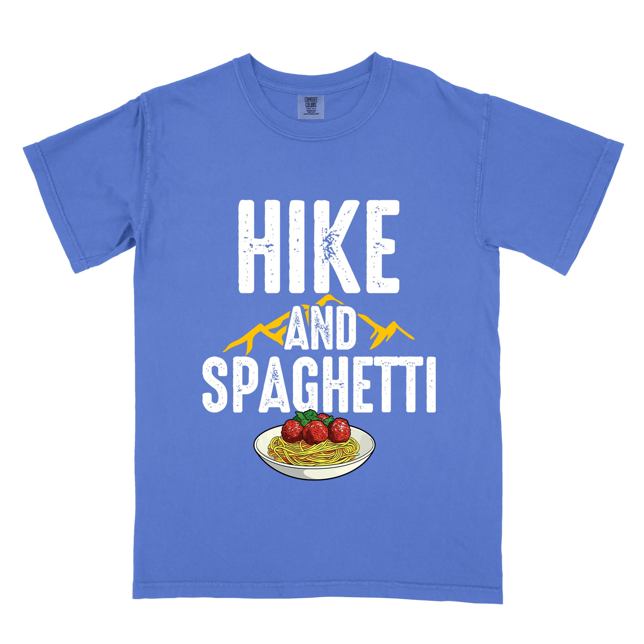 Flo blue "Hike and Spaghetti" colored vintage tee with bold typography, birds, mountains, illustrated plate of spaghetti and meatballs, and backpacker for pasta lovers.
