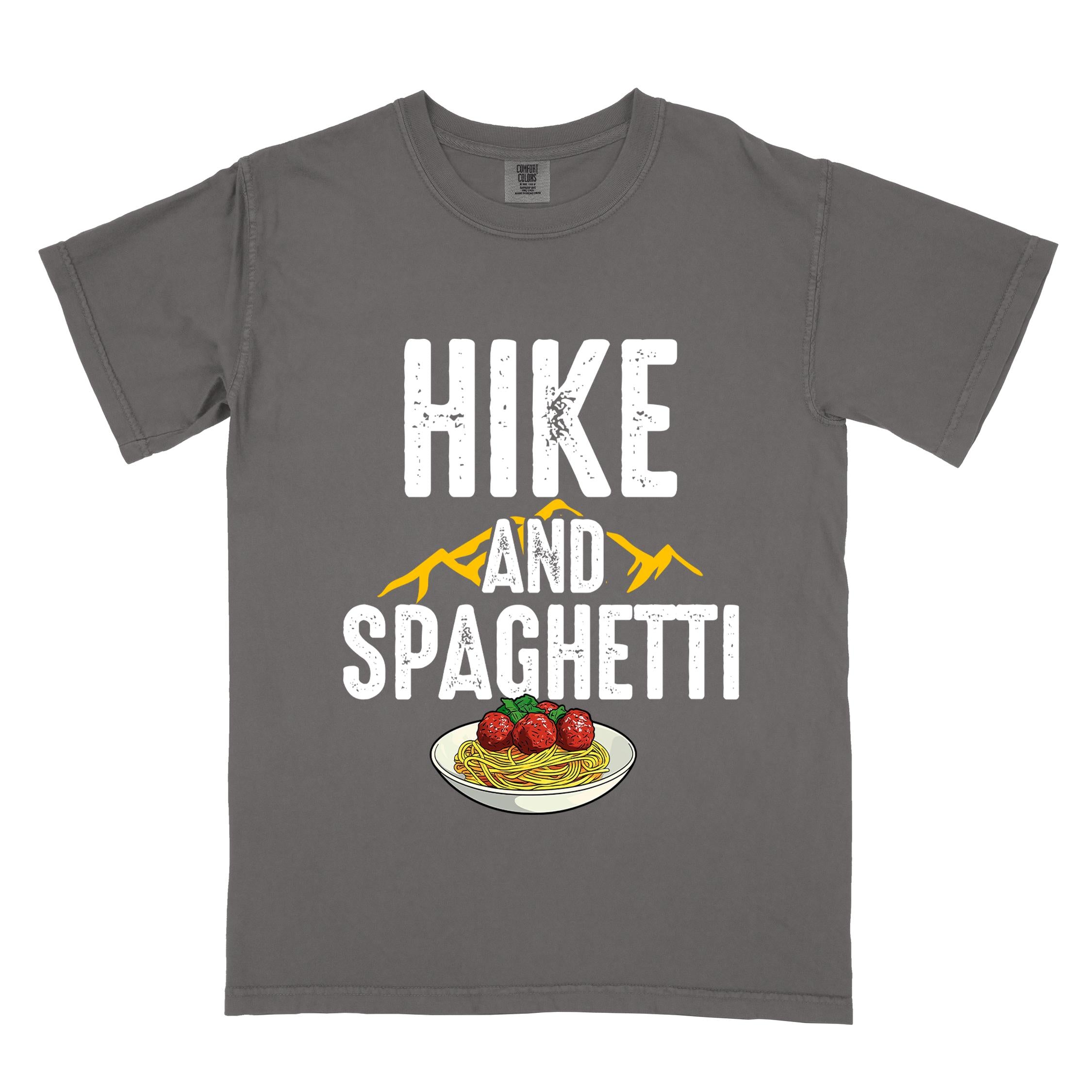 Pepper "Hike and Spaghetti" colored vintage tee with bold typography, birds, mountains, illustrated plate of spaghetti and meatballs, and backpacker for pasta lovers.