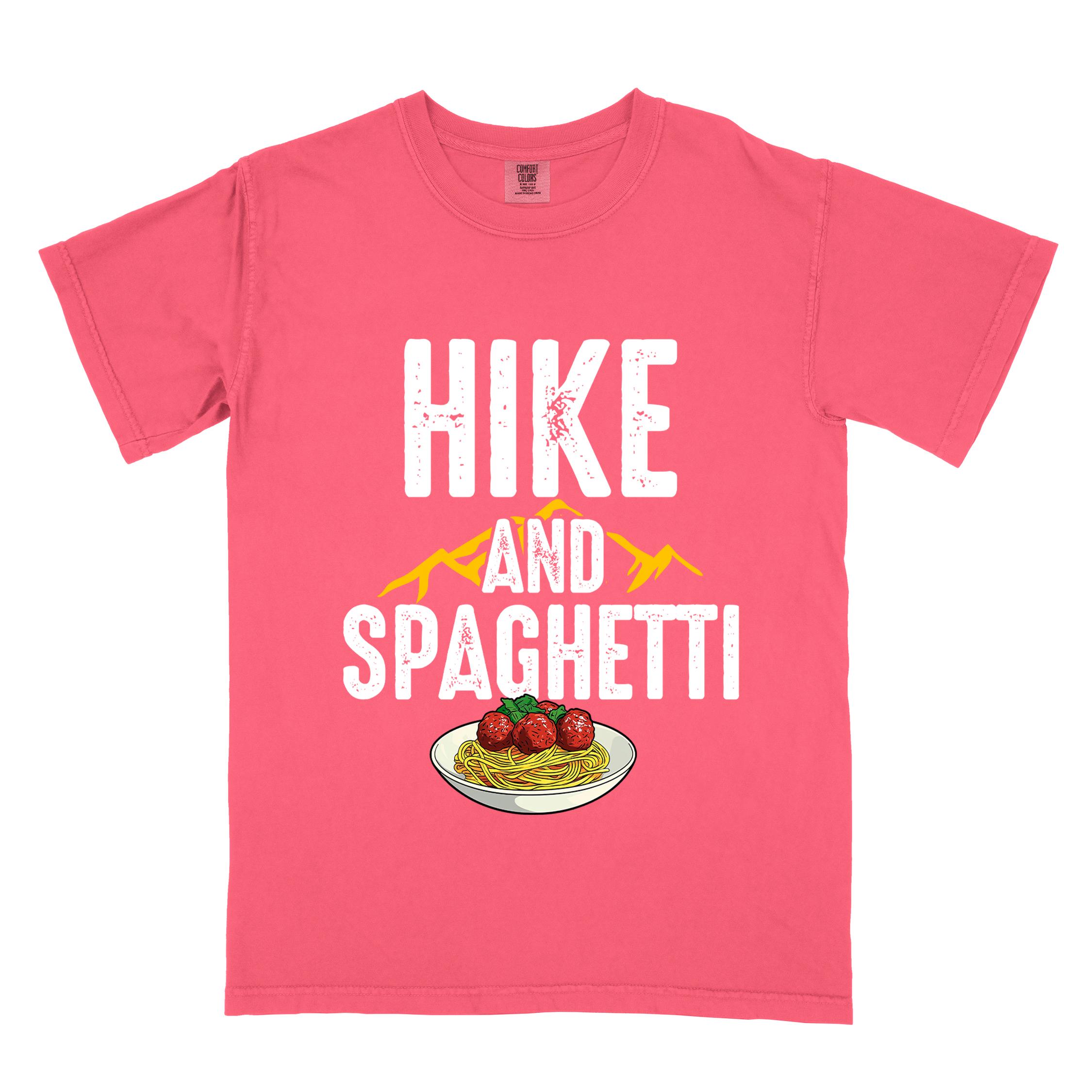 Watermelon "Hike and Spaghetti" colored vintage tee with bold typography, birds, mountains, illustrated plate of spaghetti and meatballs, and backpacker for pasta lovers.