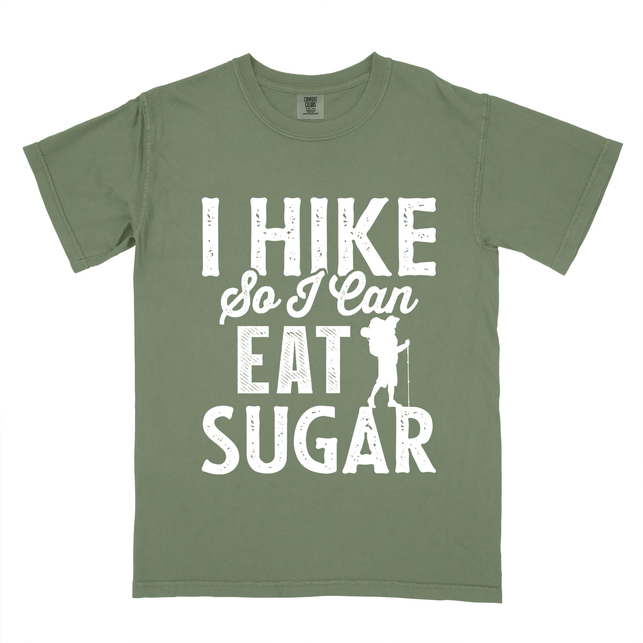 Moss "I hike so I can eat sugar" colored vintage tee with bold typography, and backpacker with a sweet tooth.