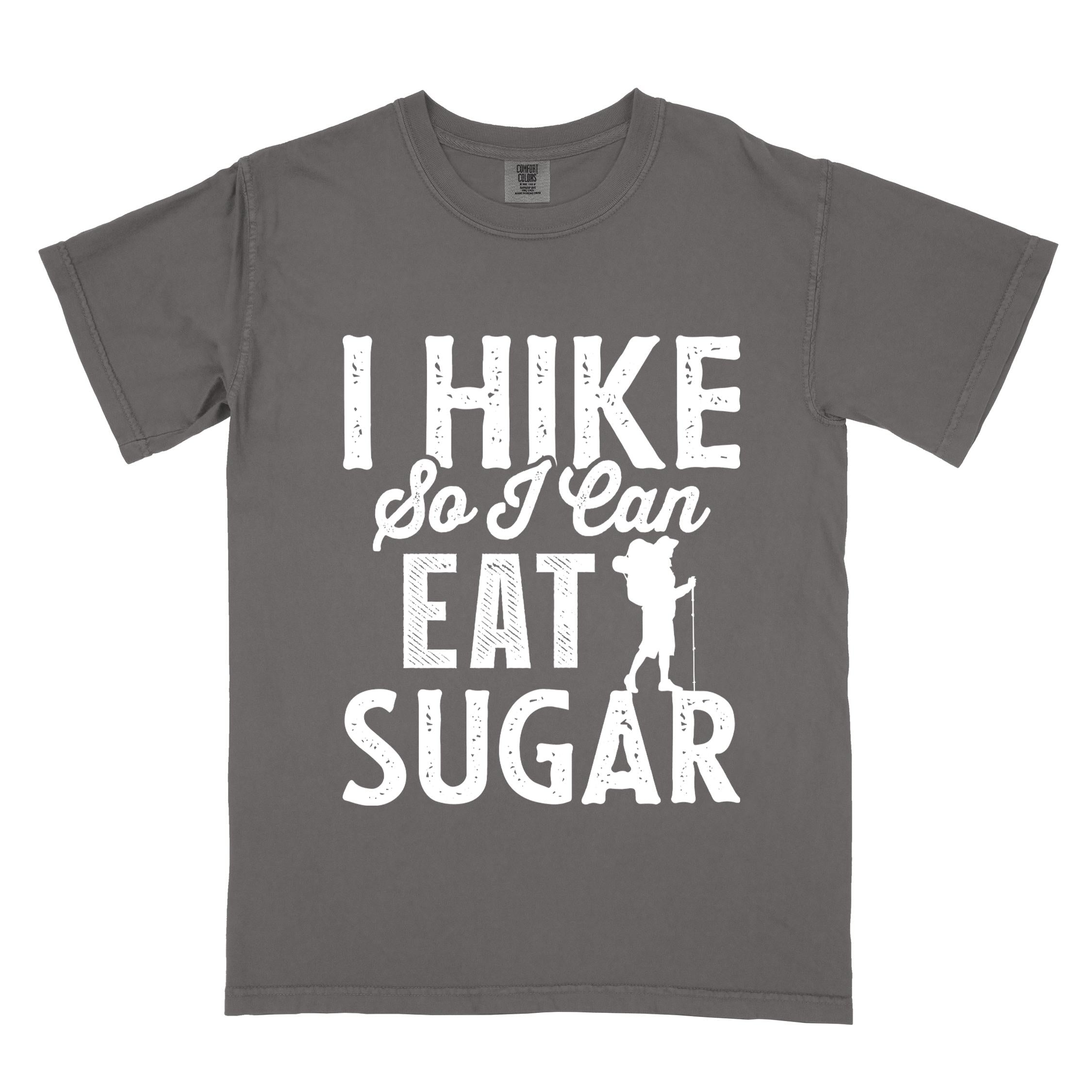 Pepper "I hike so I can eat sugar" colored vintage tee with bold typography, and backpacker with a sweet tooth.