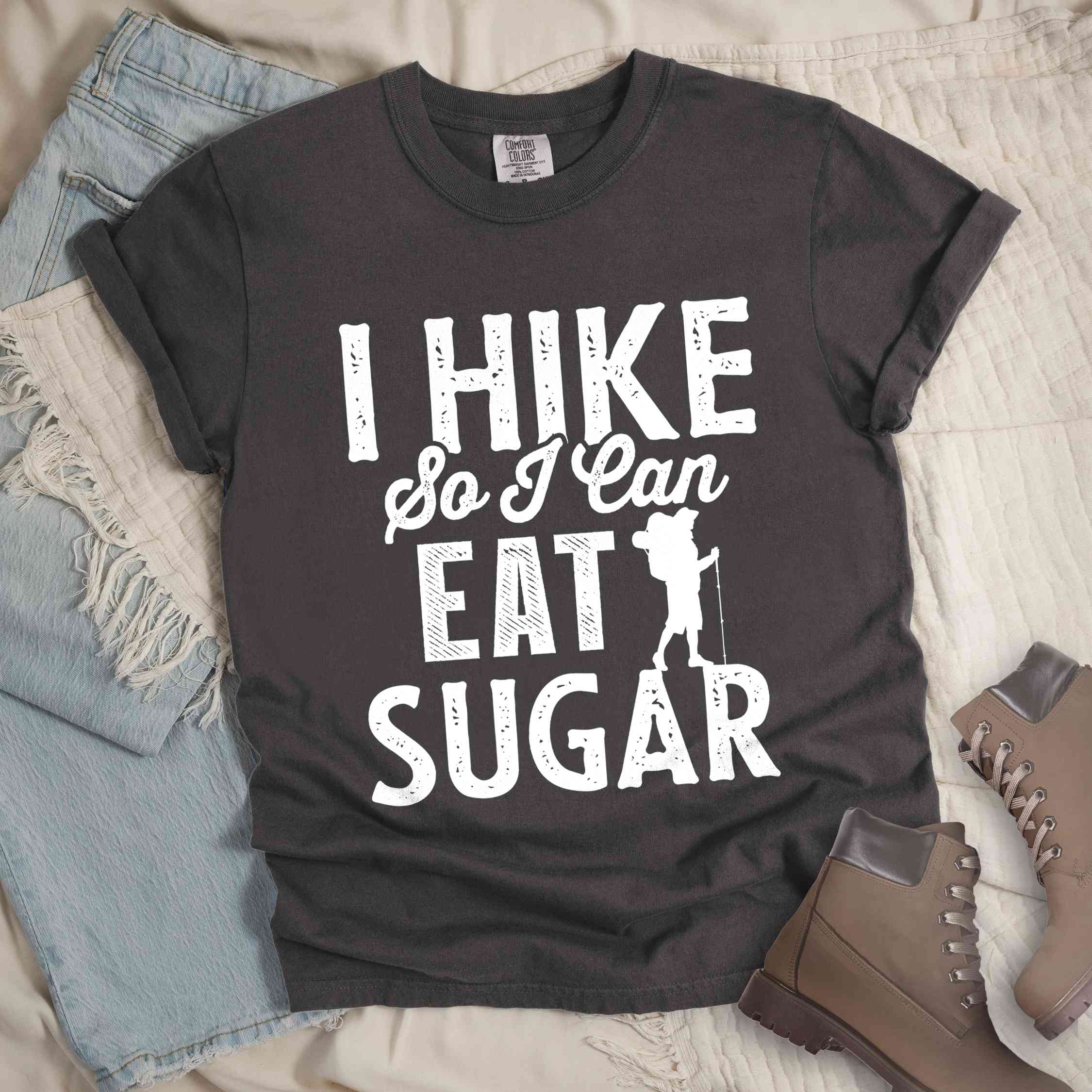 Pepper "I hike so I can eat sugar" colored vintage tee with bold typography, and backpacker with a sweet tooth.
