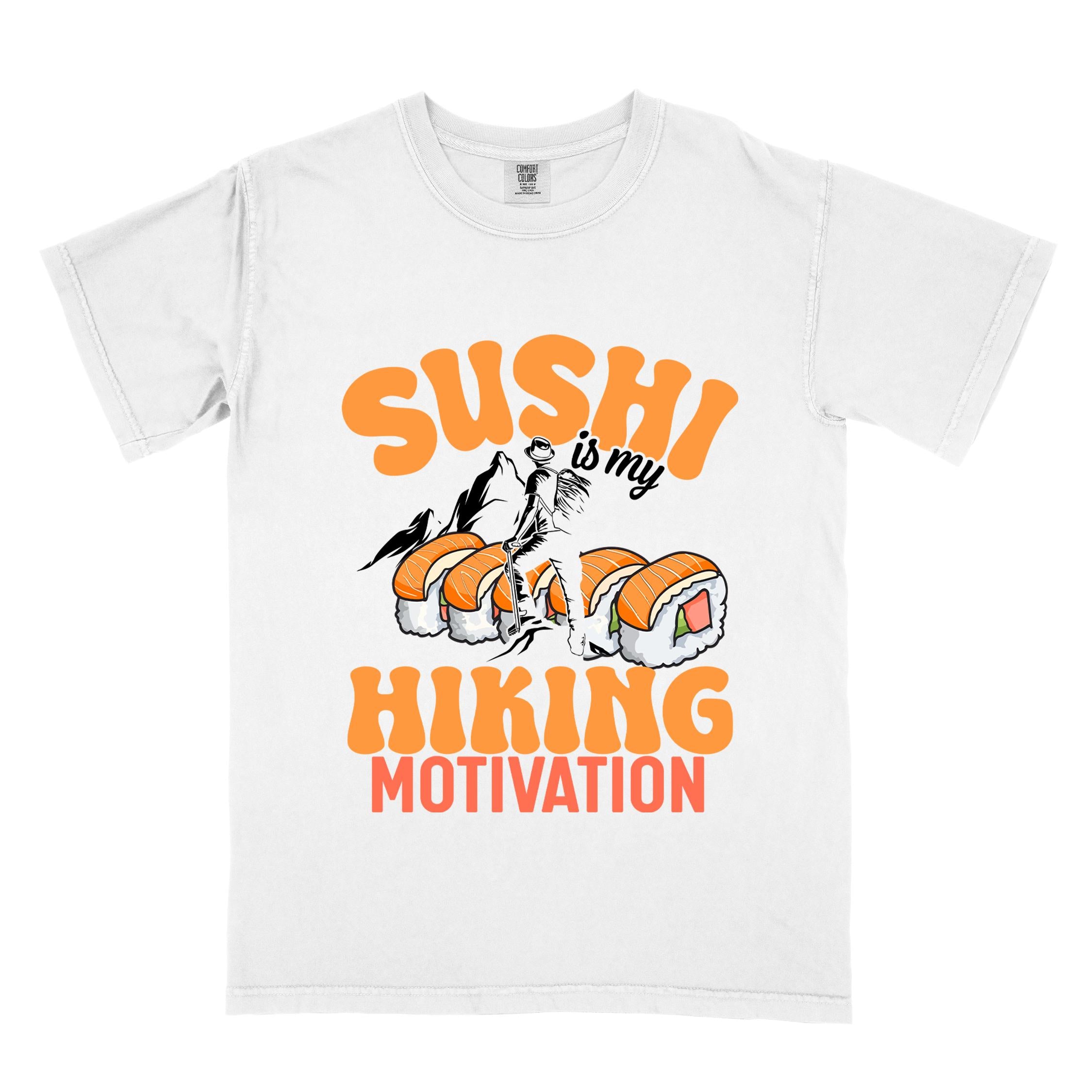 White "sushi is my hiking motivation" colored vintage tee with bold typography, birds, mountains, illustrated sushi platter, and backpacker for sushi lovers.