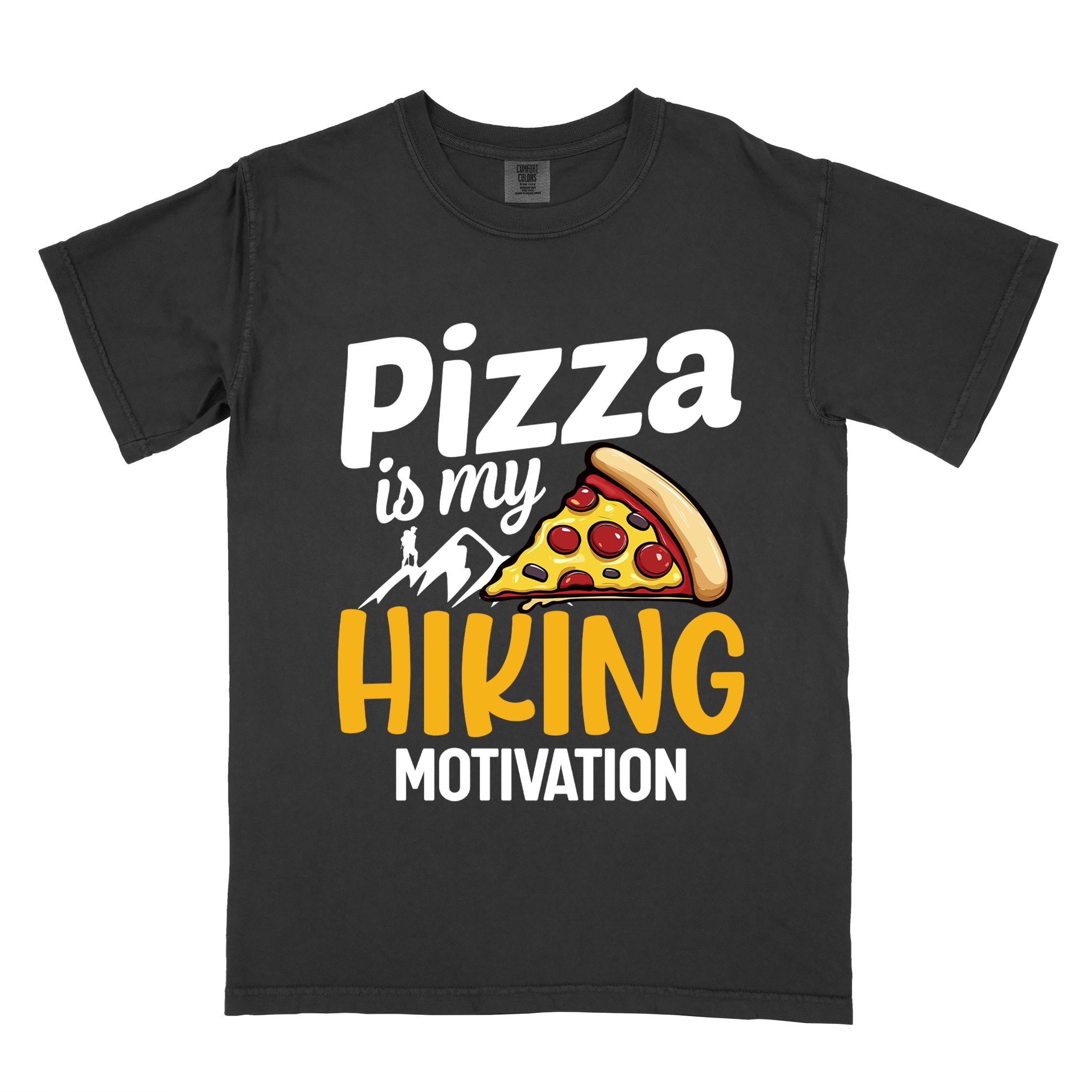 Black "Pizza is my hiking motivation" colored vintage tee with bold typography, birds, mountains, illustrated pizza slice, and backpacker for pizza lovers.
