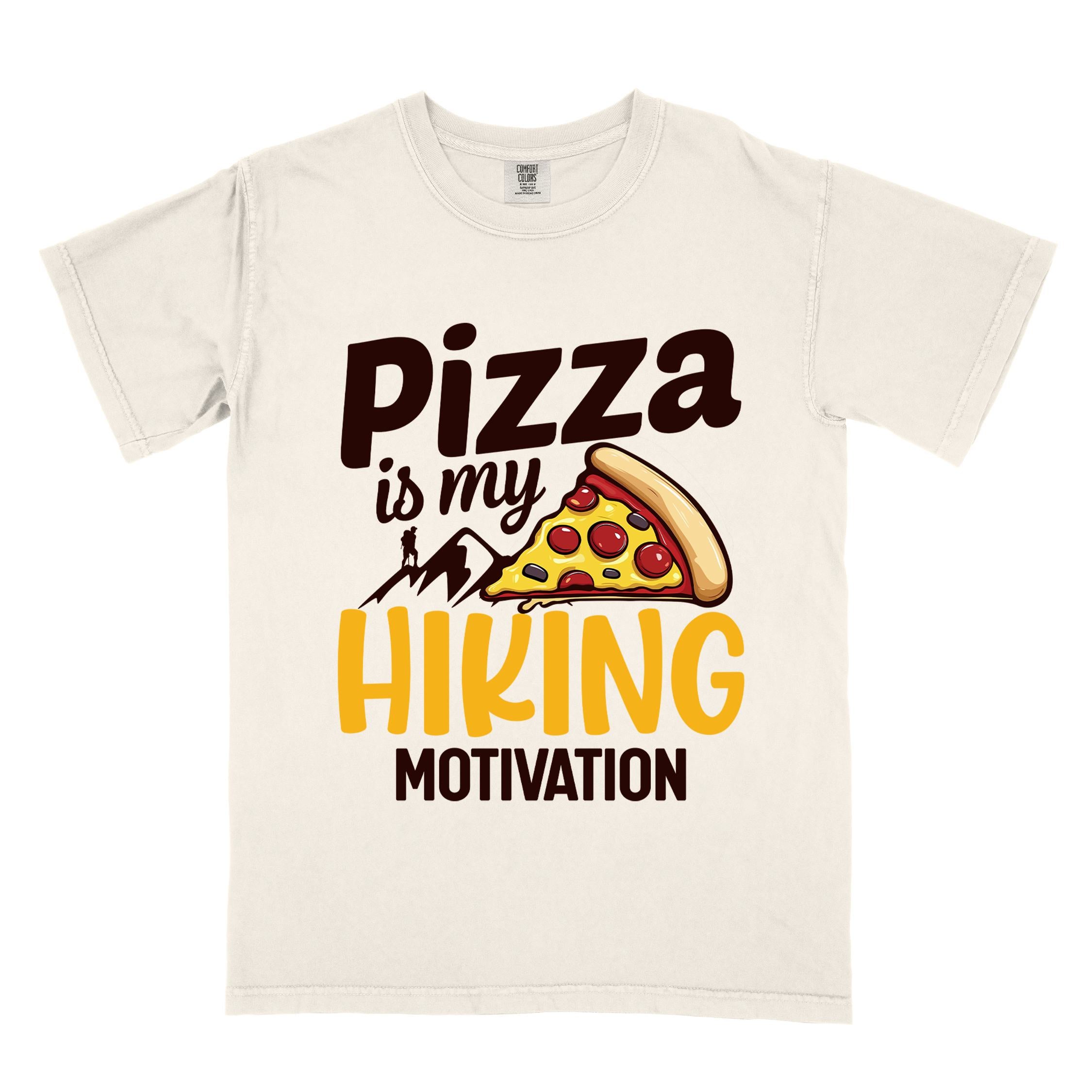 Ivory "Pizza is my hiking motivation" colored vintage tee with bold typography, birds, mountains, illustrated pizza slice, and backpacker for pizza lovers.