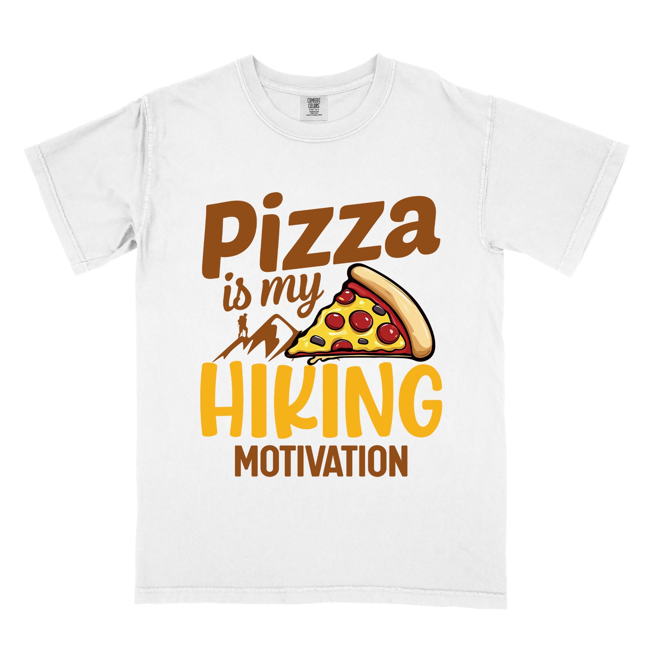 White "Pizza is my hiking motivation" colored vintage tee with bold typography, birds, mountains, illustrated pizza slice, and backpacker for pizza lovers.