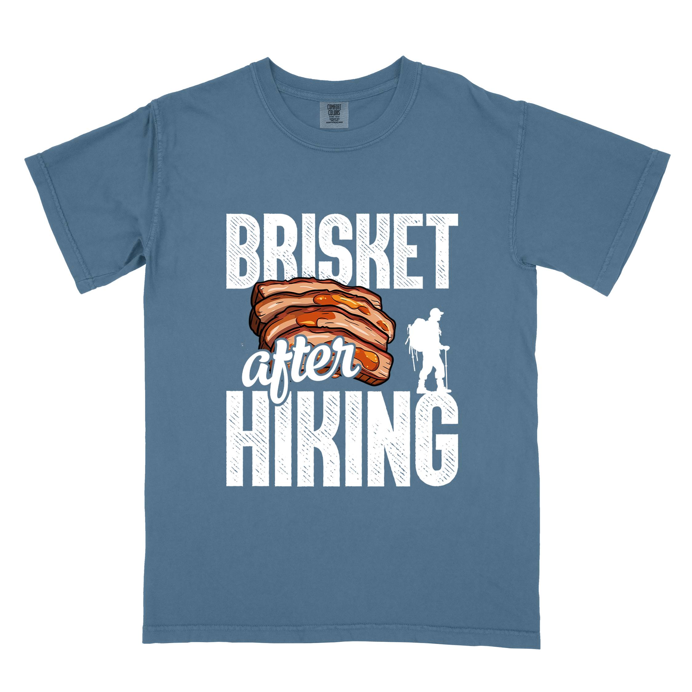 Blue jean "Brisket after hiking" colored vintage tee with bold typography, birds, mountains, illustrated bbq beef brisket, and backpacker for bbq lovers.
