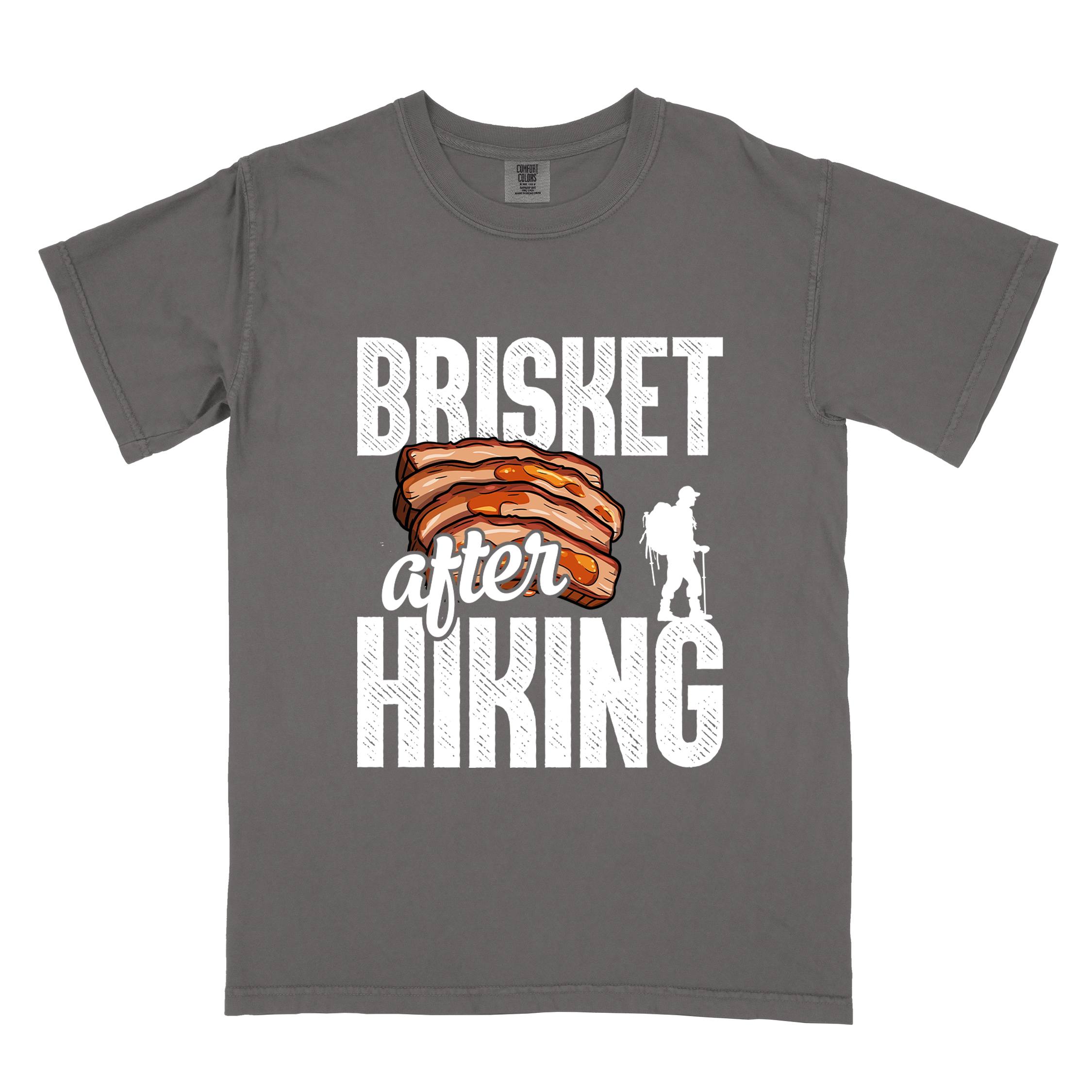Pepper "Brisket after hiking" colored vintage tee with bold typography, birds, mountains, illustrated bbq beef brisket, and backpacker for bbq lovers.