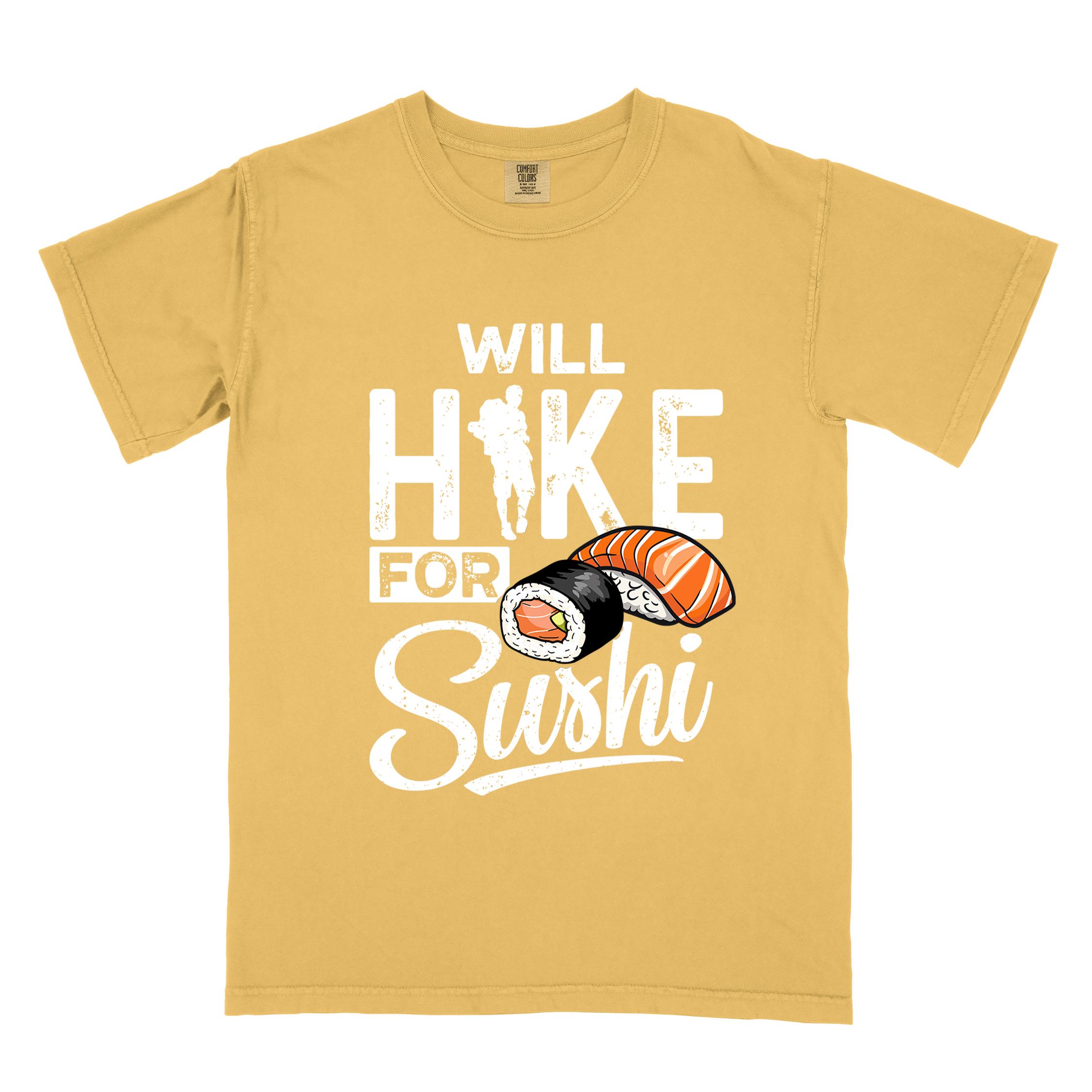 Mustard "Will hike for sushi" colored vintage tee with bold typography, birds, mountains, illustrated sushi platter, and backpacker for sushi lovers.