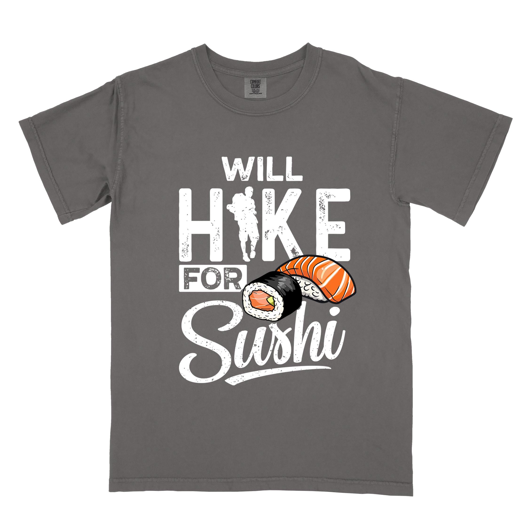 Pepper "Will hike for sushi" colored vintage tee with bold typography, birds, mountains, illustrated sushi platter, and backpacker for sushi lovers.