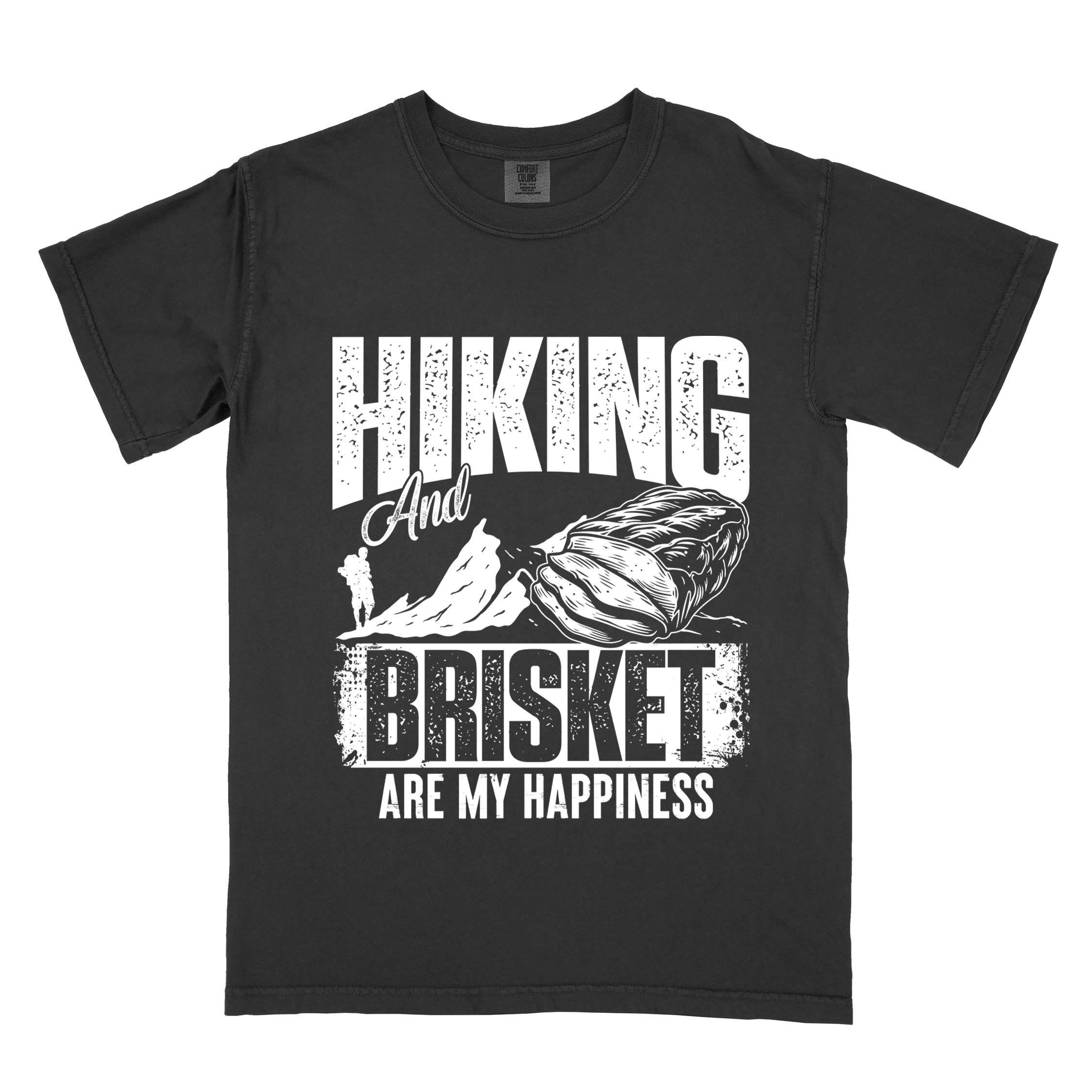 Black "hiking and brisket are my happiness" colored vintage tee with bold typography, birds, mountains, illustrated bbq beef brisket, and backpacker for bbq lovers.