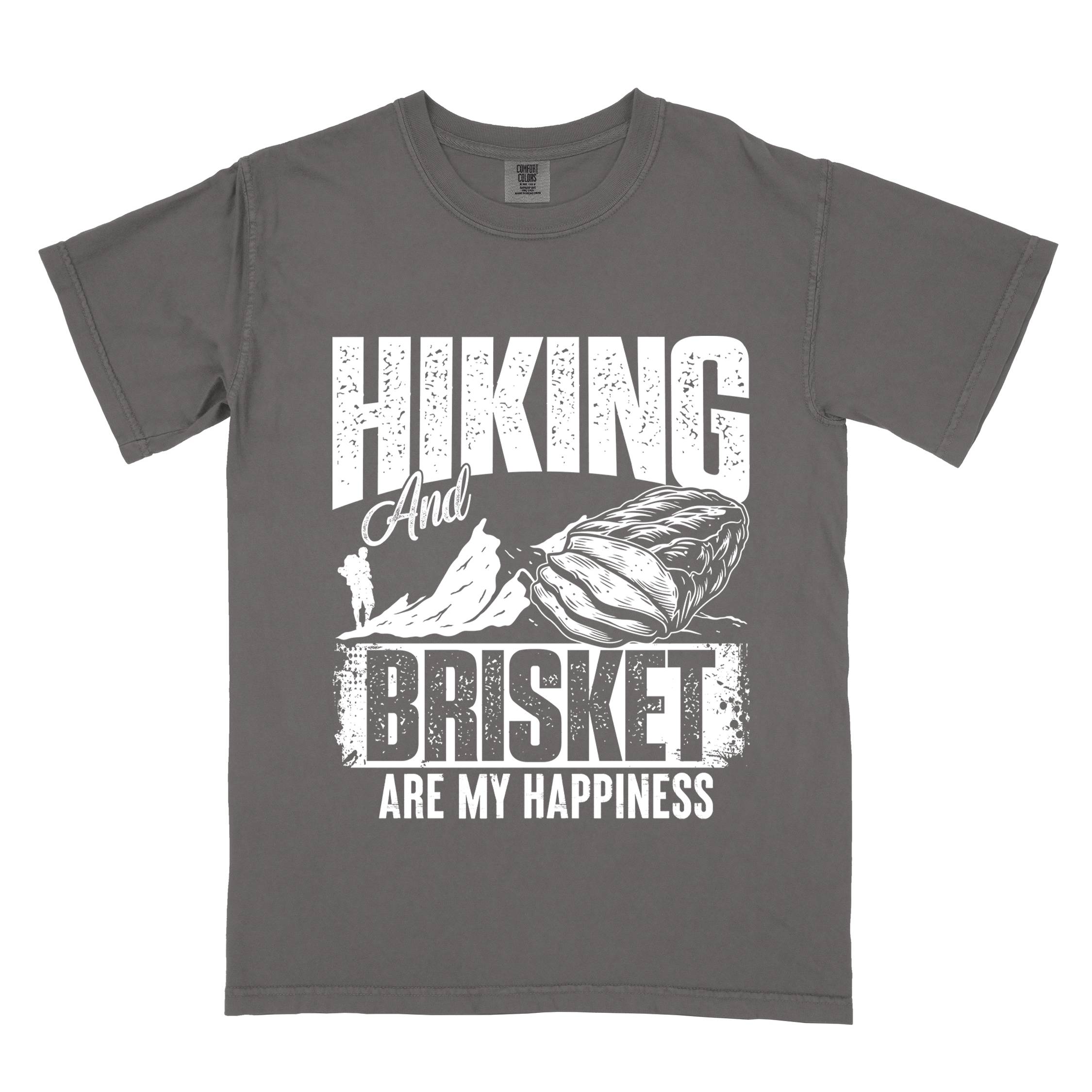 Pepper "hiking and brisket are my happiness" colored vintage tee with bold typography, birds, mountains, illustrated bbq beef brisket, and backpacker for bbq lovers.