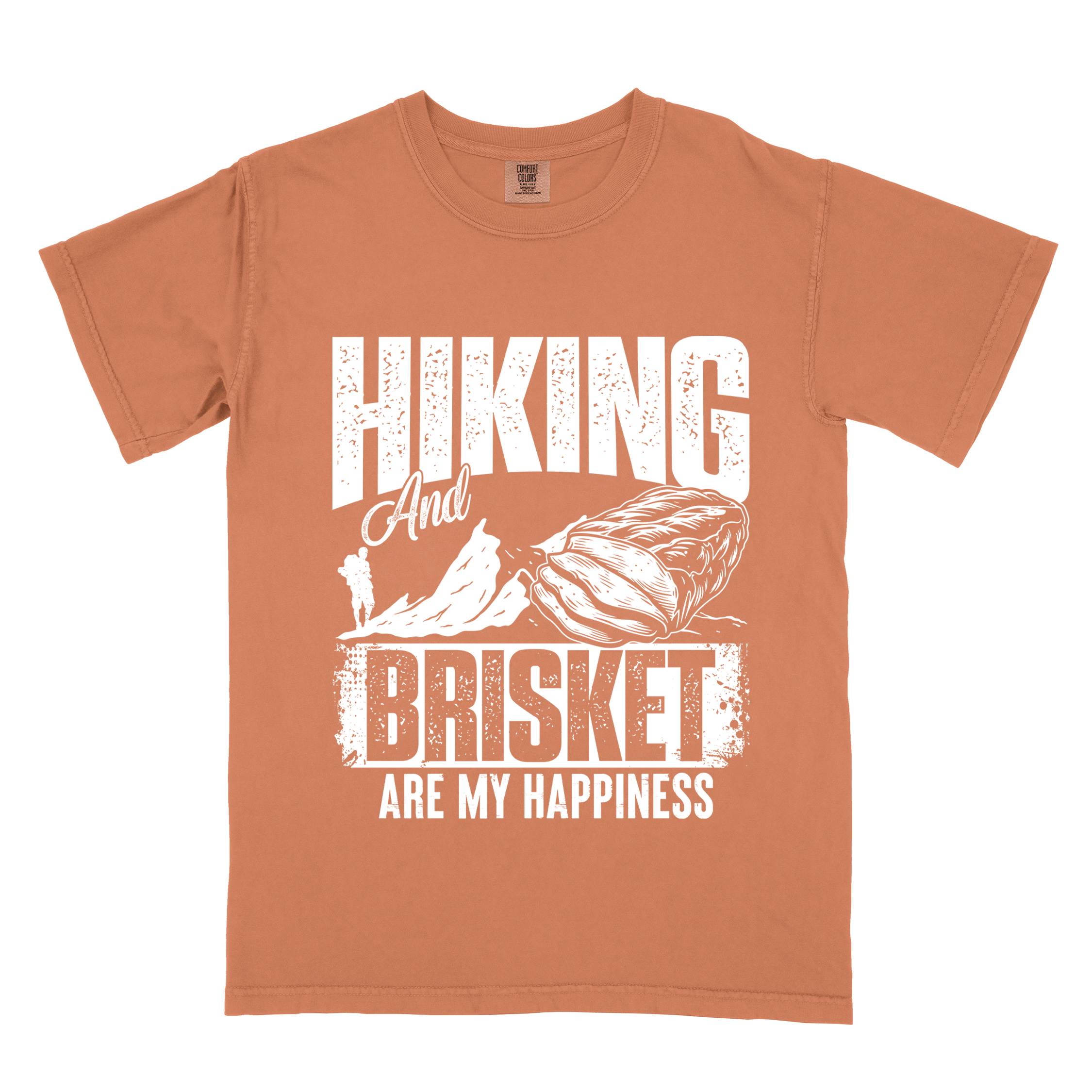 Yam "hiking and brisket are my happiness" colored vintage tee with bold typography, birds, mountains, illustrated bbq beef brisket, and backpacker for bbq lovers.