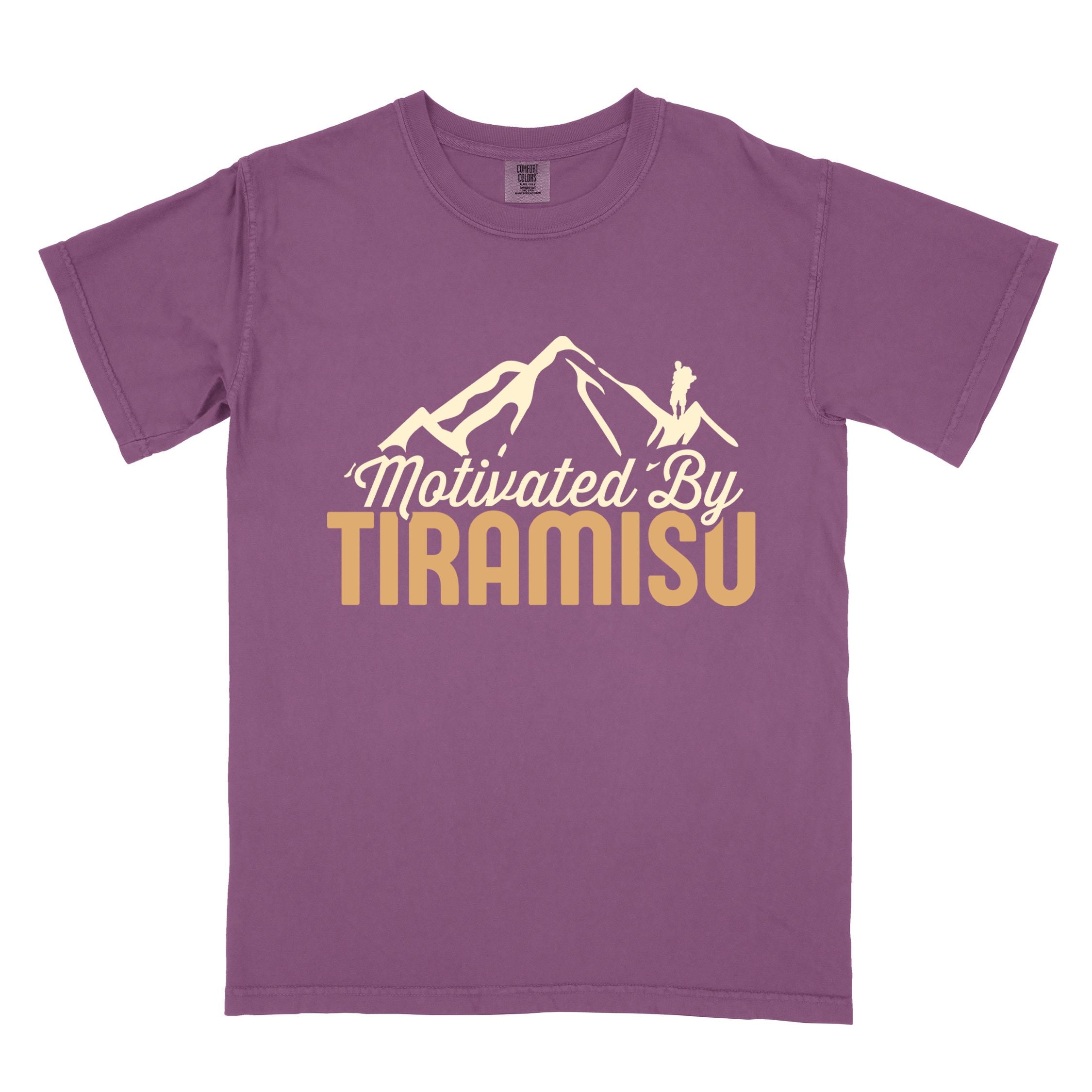 Berry "Motivated by Tiramisu" colored vintage tee with bold typography, mountains, and backpackers with a sweet tooth.