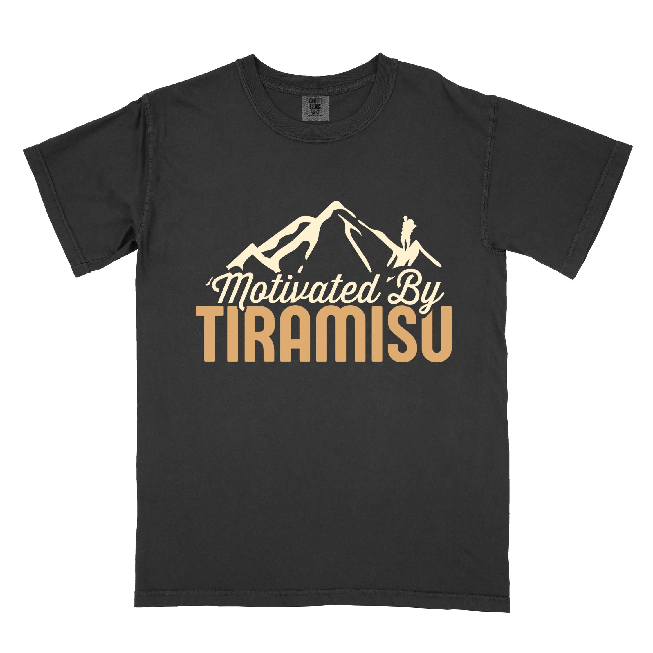 Black "Motivated by Tiramisu" colored vintage tee with bold typography, mountains, and backpackers with a sweet tooth.