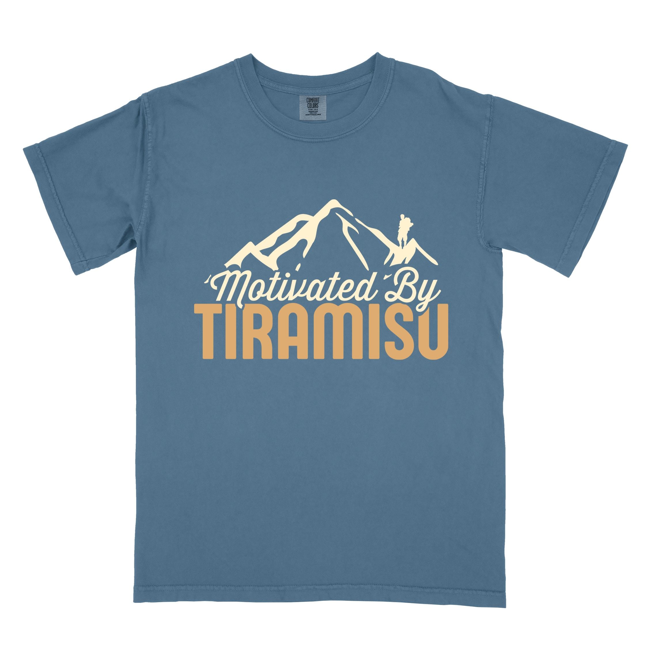 Blue jean "Motivated by Tiramisu" colored vintage tee with bold typography, mountains, and backpackers with a sweet tooth.