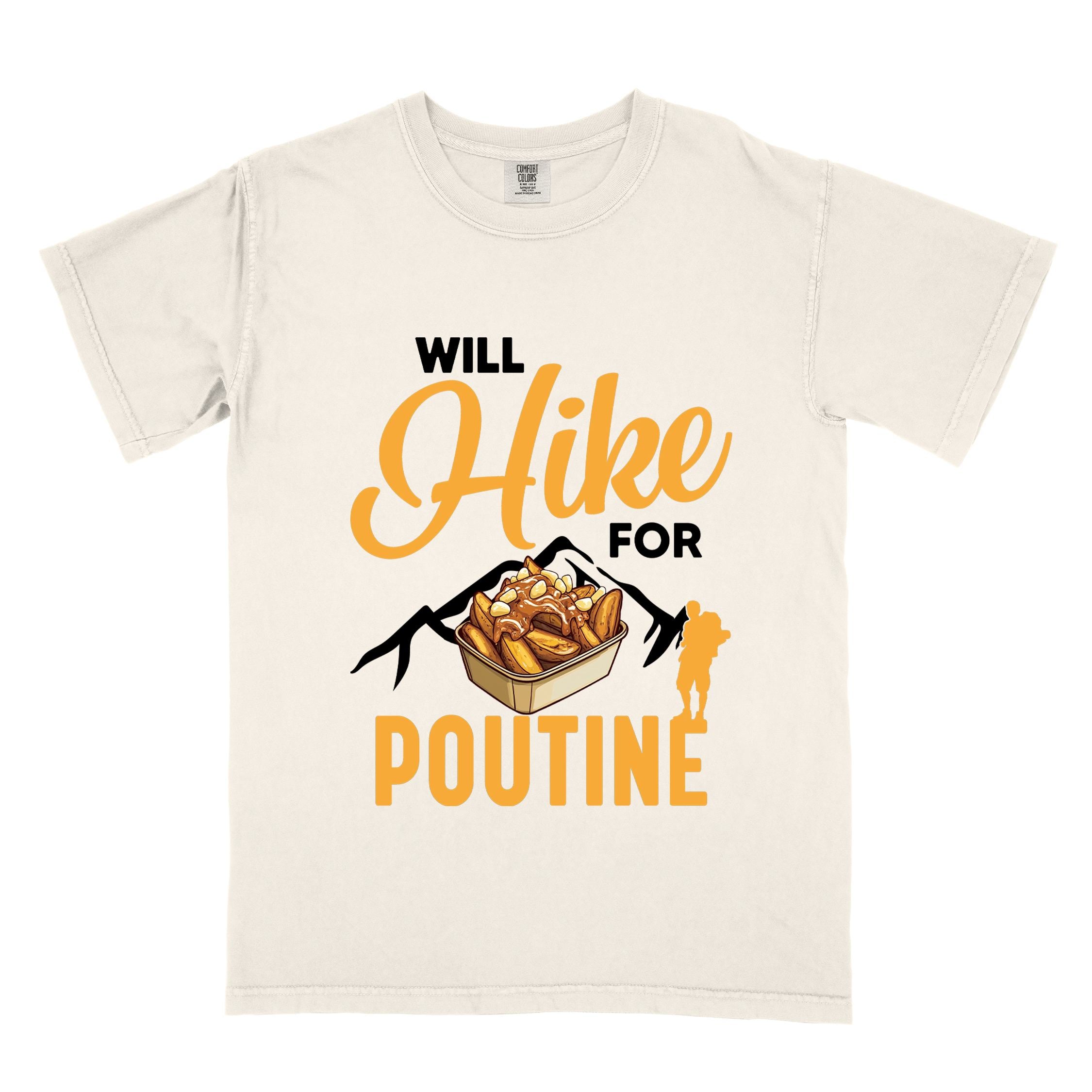 Ivory "Will hike for poutine" colored vintage tee with bold typography, mountains, illustrated a serving of poutine and backpackers looking for comfort food.