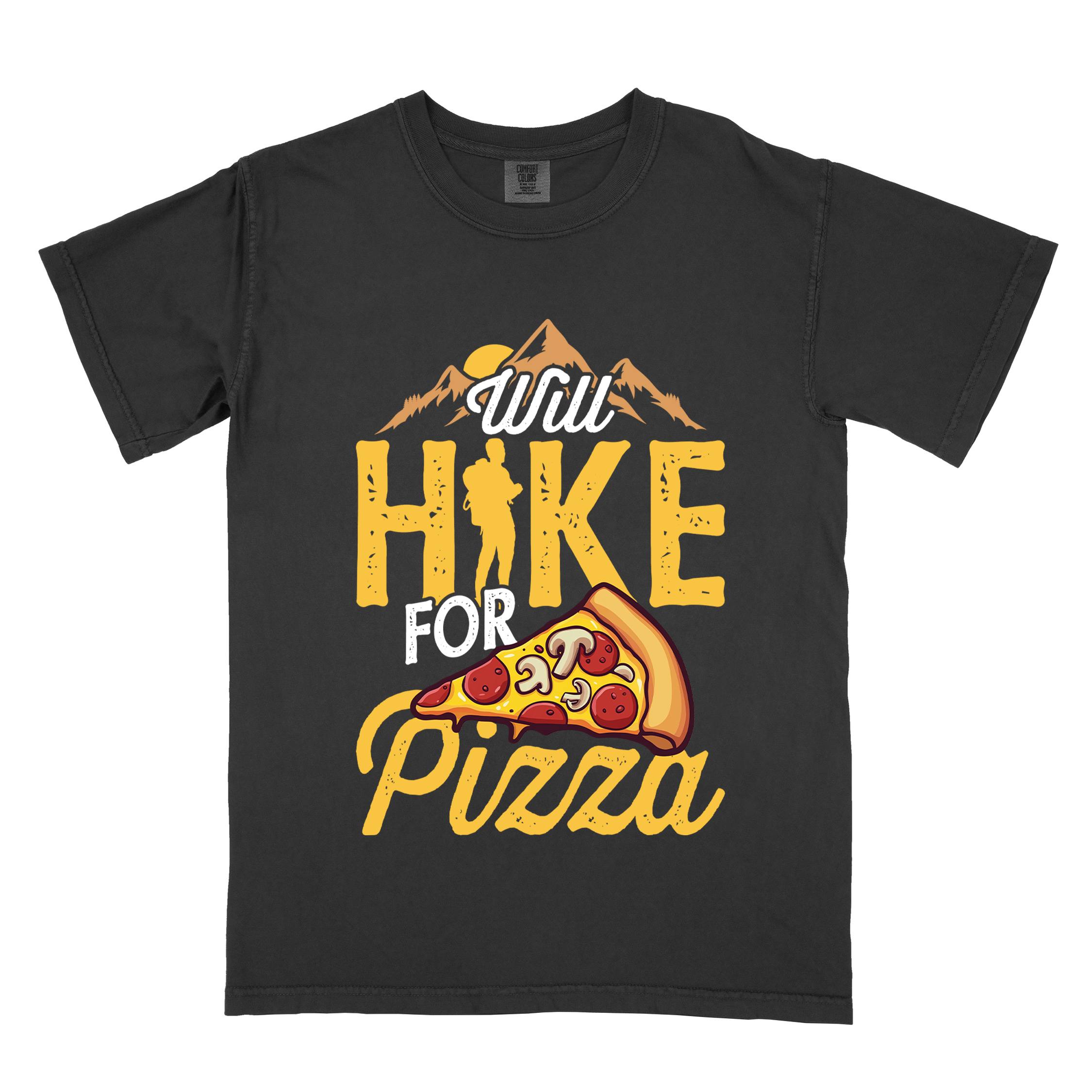 Black colored vintage tee featuring Hiking design of mountains with a sunrise behind and a slice of pizza in front of the phrase 'Will Hike for Pizza'.