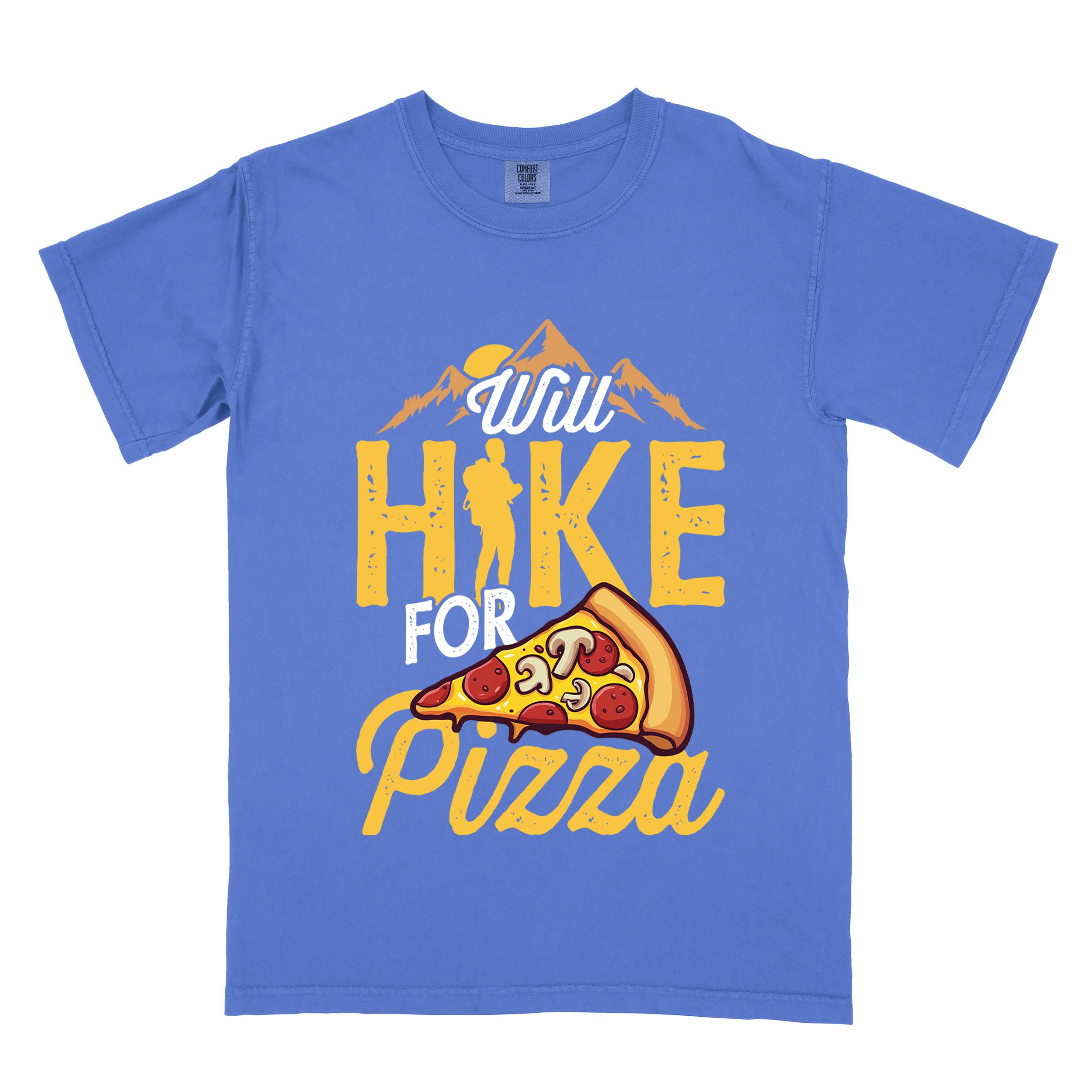 Flo blue colored vintage tee featuring Hiking design of mountains with a sunrise behind and a slice of pizza in front of the phrase 'Will Hike for Pizza'.