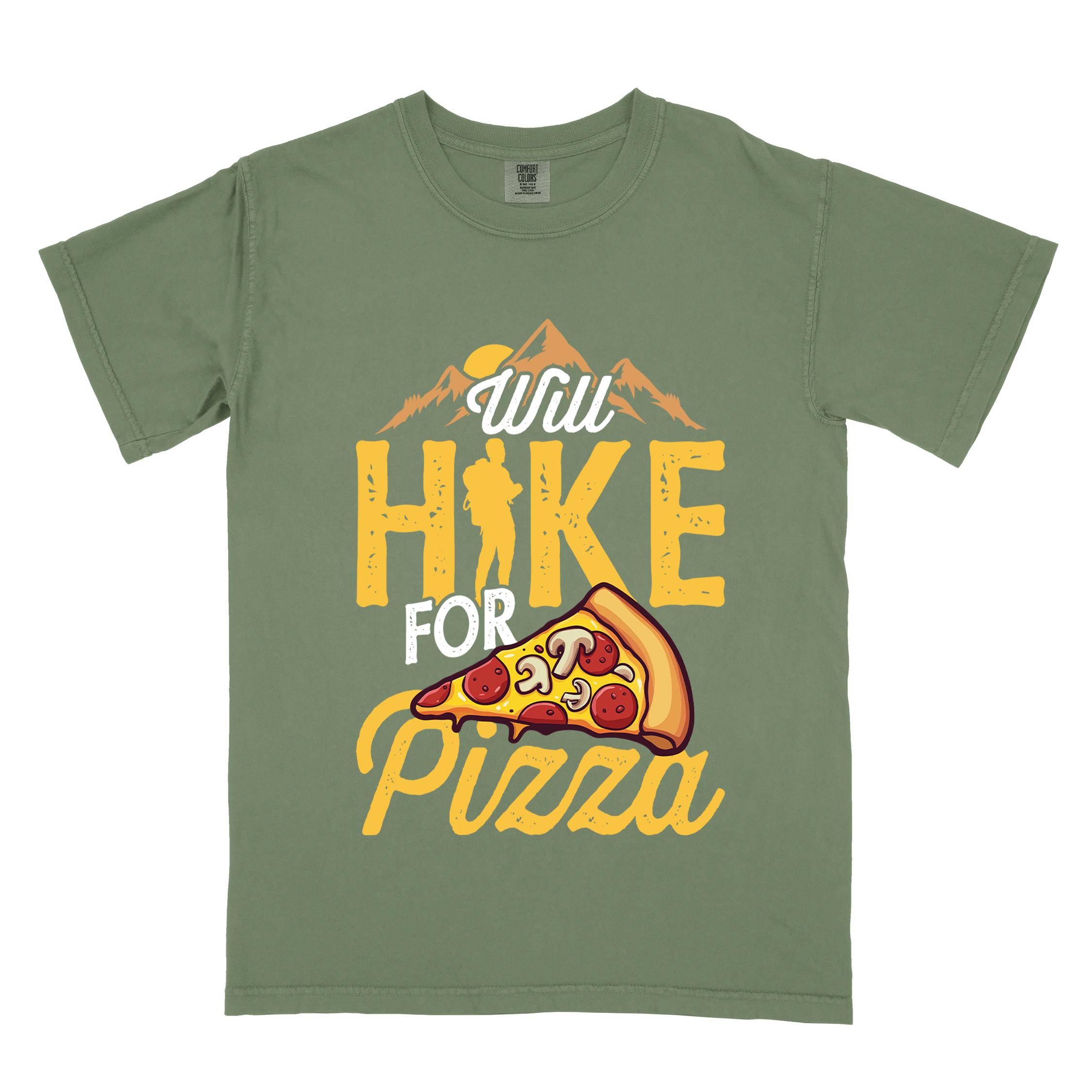 Moss colored vintage tee featuring Hiking design of mountains with a sunrise behind and a slice of pizza in front of the phrase 'Will Hike for Pizza'.