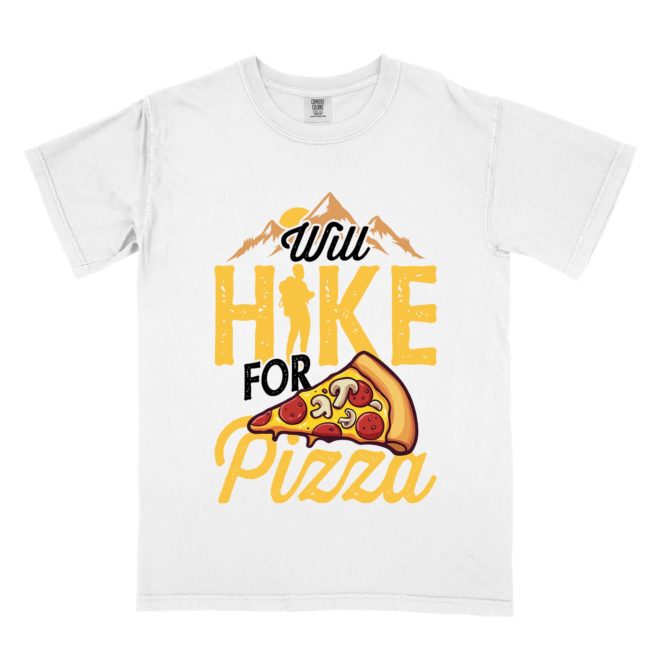 White colored vintage tee featuring Hiking design of mountains with a sunrise behind and a slice of pizza in front of the phrase 'Will Hike for Pizza'.