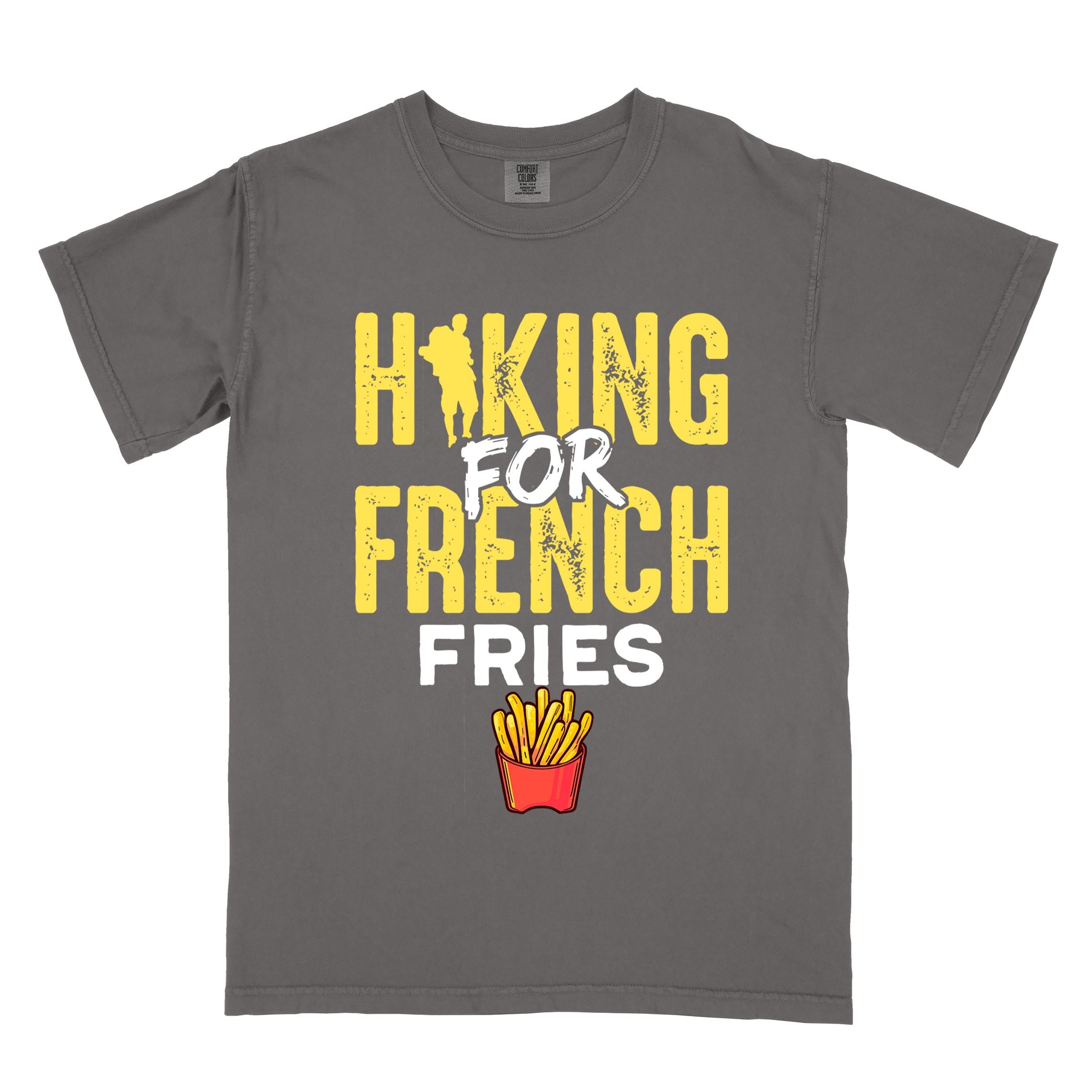 Pepper "Hiking for french fries" colored vintage tee with bold typography, mountains, illustrated fries, and backpacker for comfort food enthusiasts.