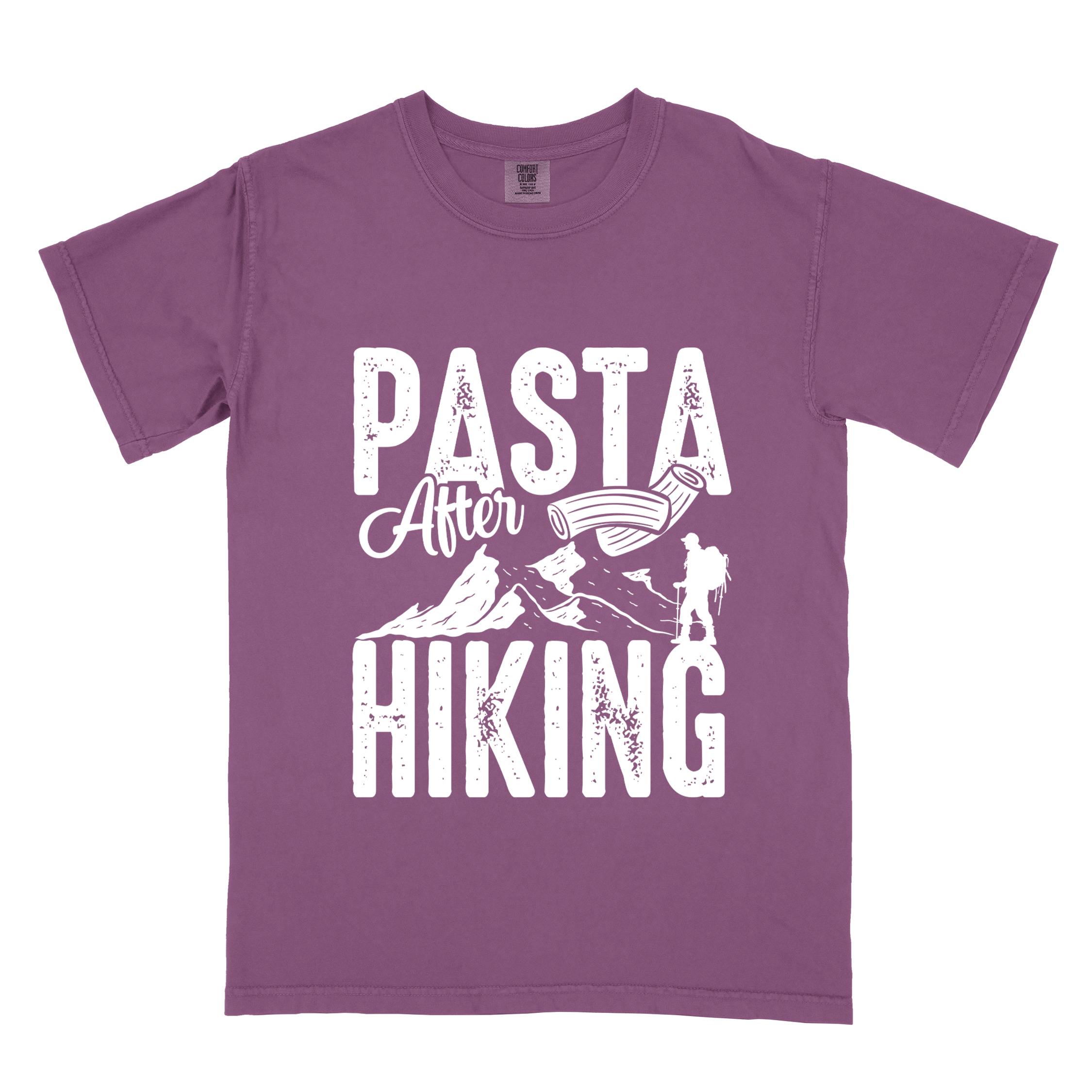 Berry "Pasta after hiking" colored vintage tee with bold typography, birds, mountains, illustrated pieces of pasta, and backpackers for pasta lovers.