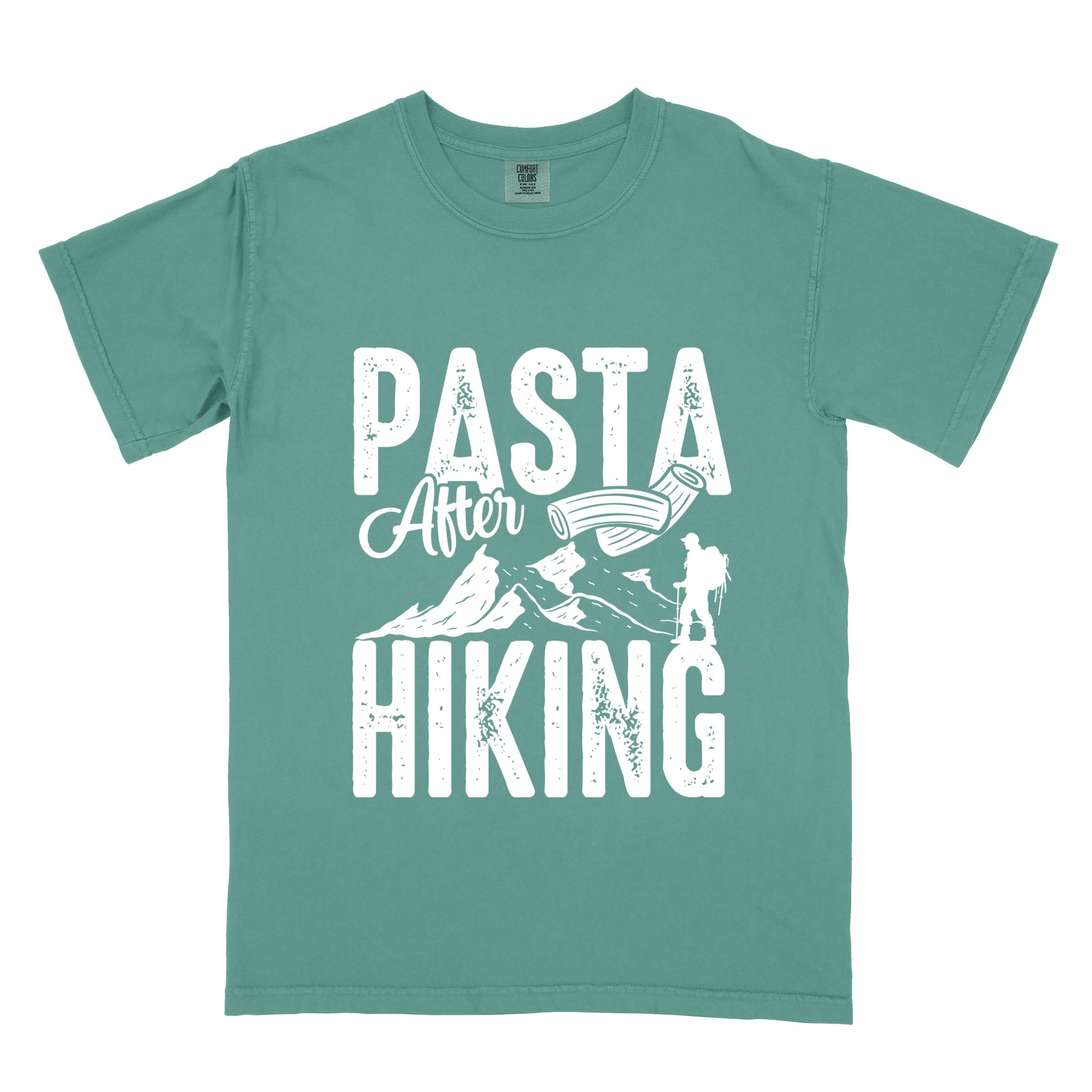 Light green "Pasta after hiking" colored vintage tee with bold typography, birds, mountains, illustrated pieces of pasta, and backpackers for pasta lovers.