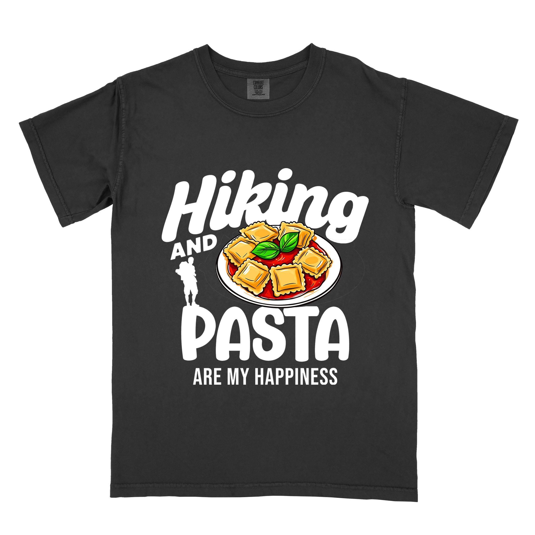 Black "Hiking and pasta are my happiness" colored vintage tee with bold typography, illustrated plate of pasta, and backpackers for pasta lovers.