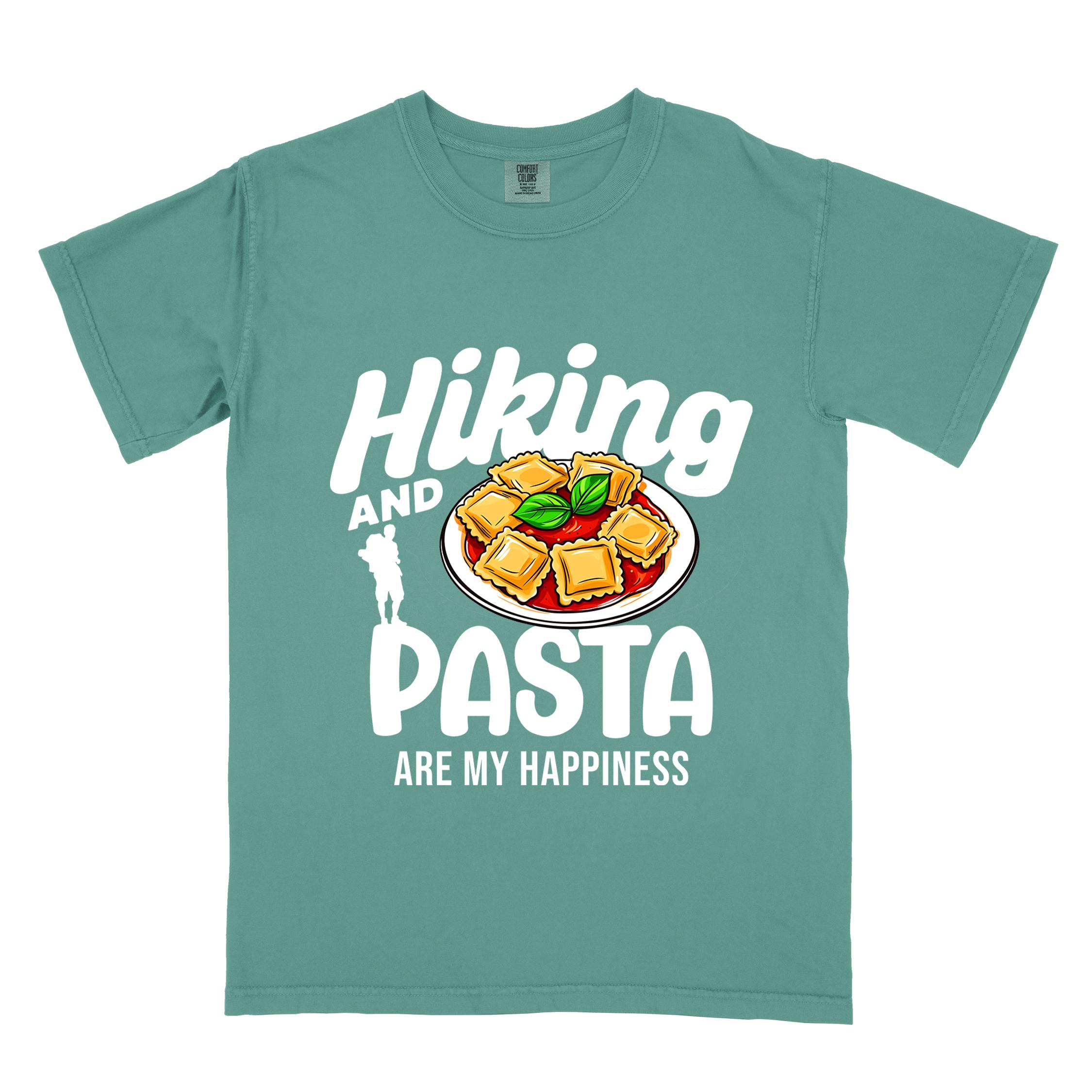 Light green "Hiking and pasta are my happiness" colored vintage tee with bold typography, illustrated plate of pasta, and backpackers for pasta lovers.