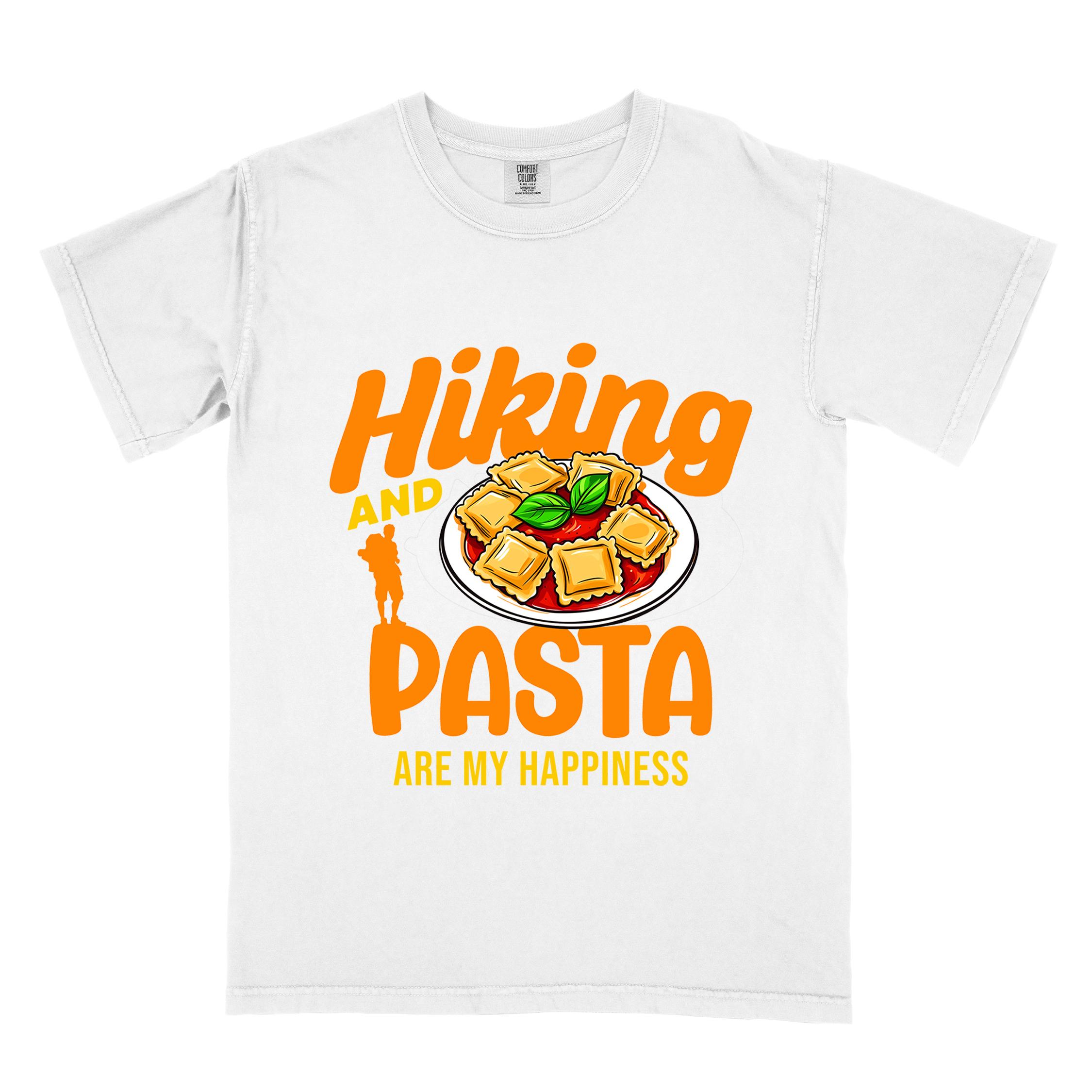 White "Hiking and pasta are my happiness" colored vintage tee with bold typography, illustrated plate of pasta, and backpackers for pasta lovers.