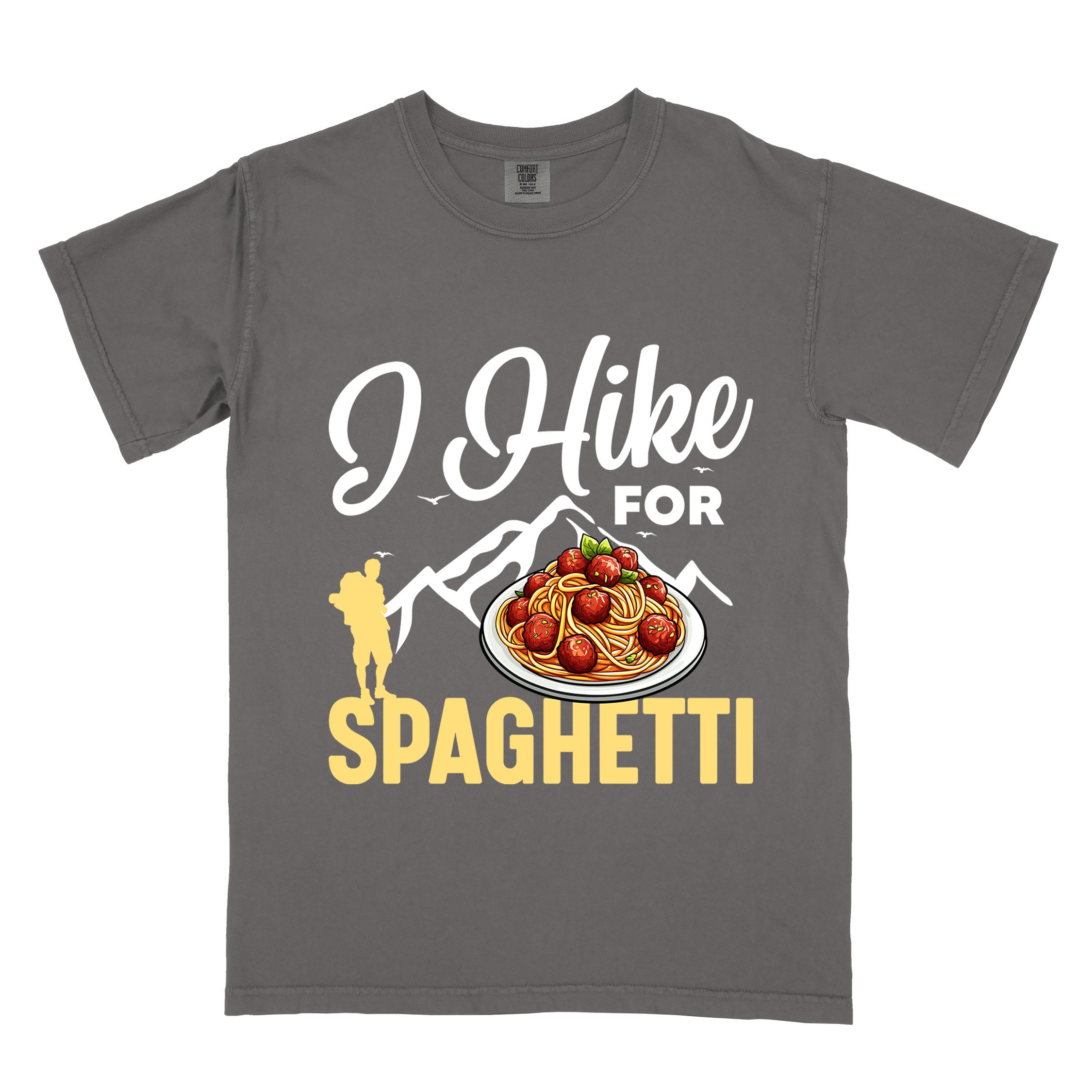 Pepper "I hike for spaghetti" colored vintage tee with bold typography, illustrated plate of spaghetti meatballs, and backpackers for pasta lovers.