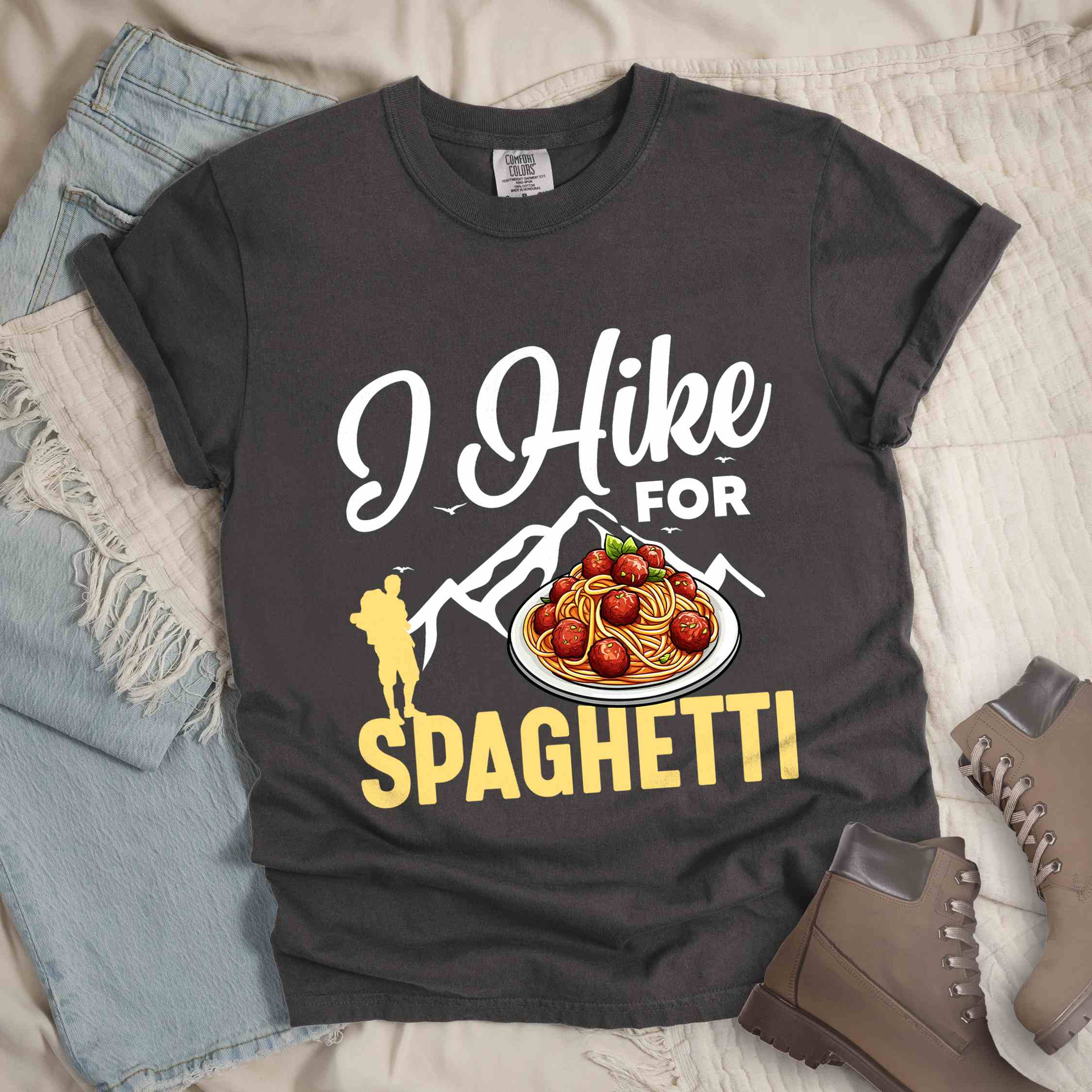 Pepper "I hike for spaghetti" colored vintage tee with bold typography, illustrated plate of spaghetti meatballs, and backpackers for pasta lovers.