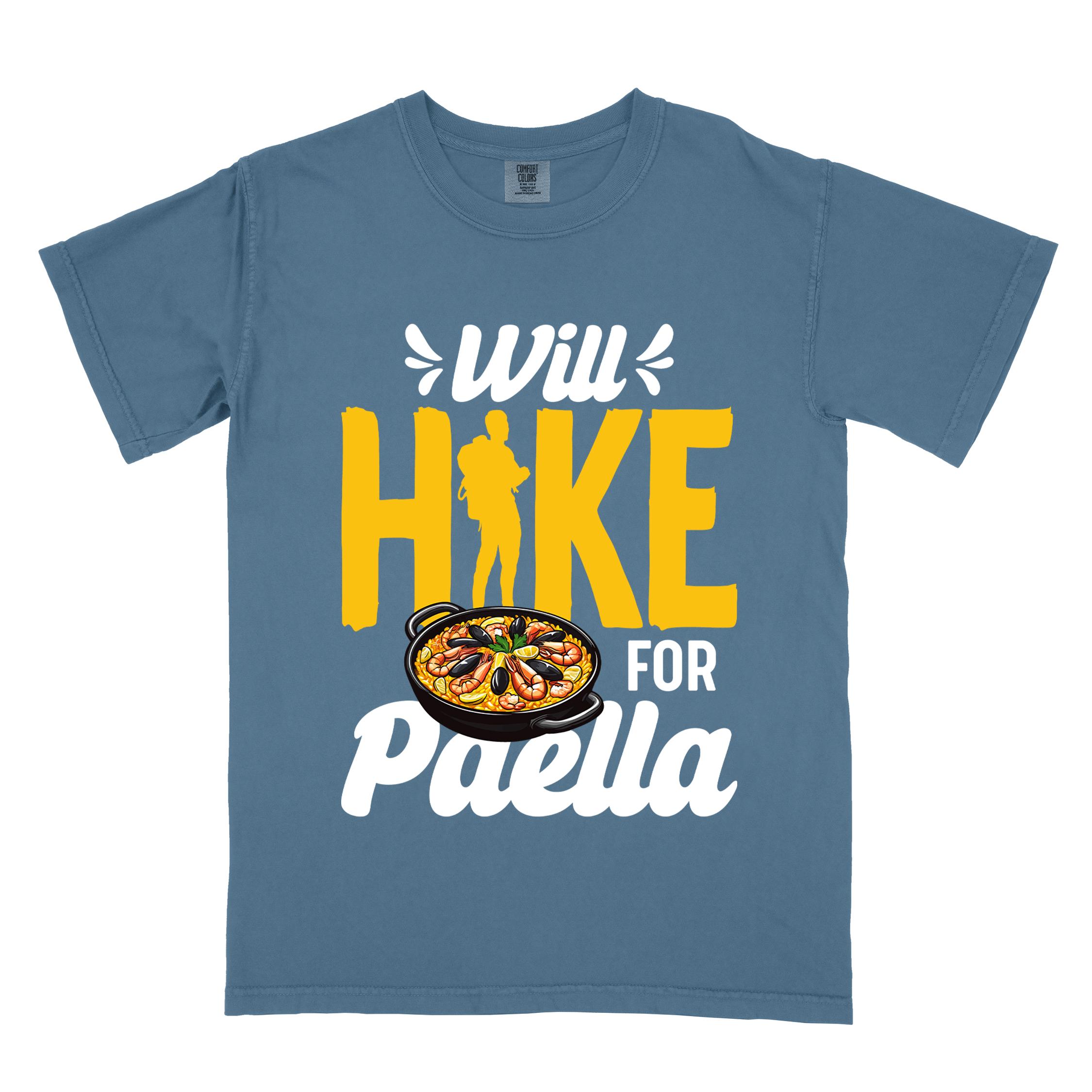 Blue jean "Will Hike for Paella" colored vintage tee with bold typography, illustrated paella platter, and backpackers for rice lovers.
