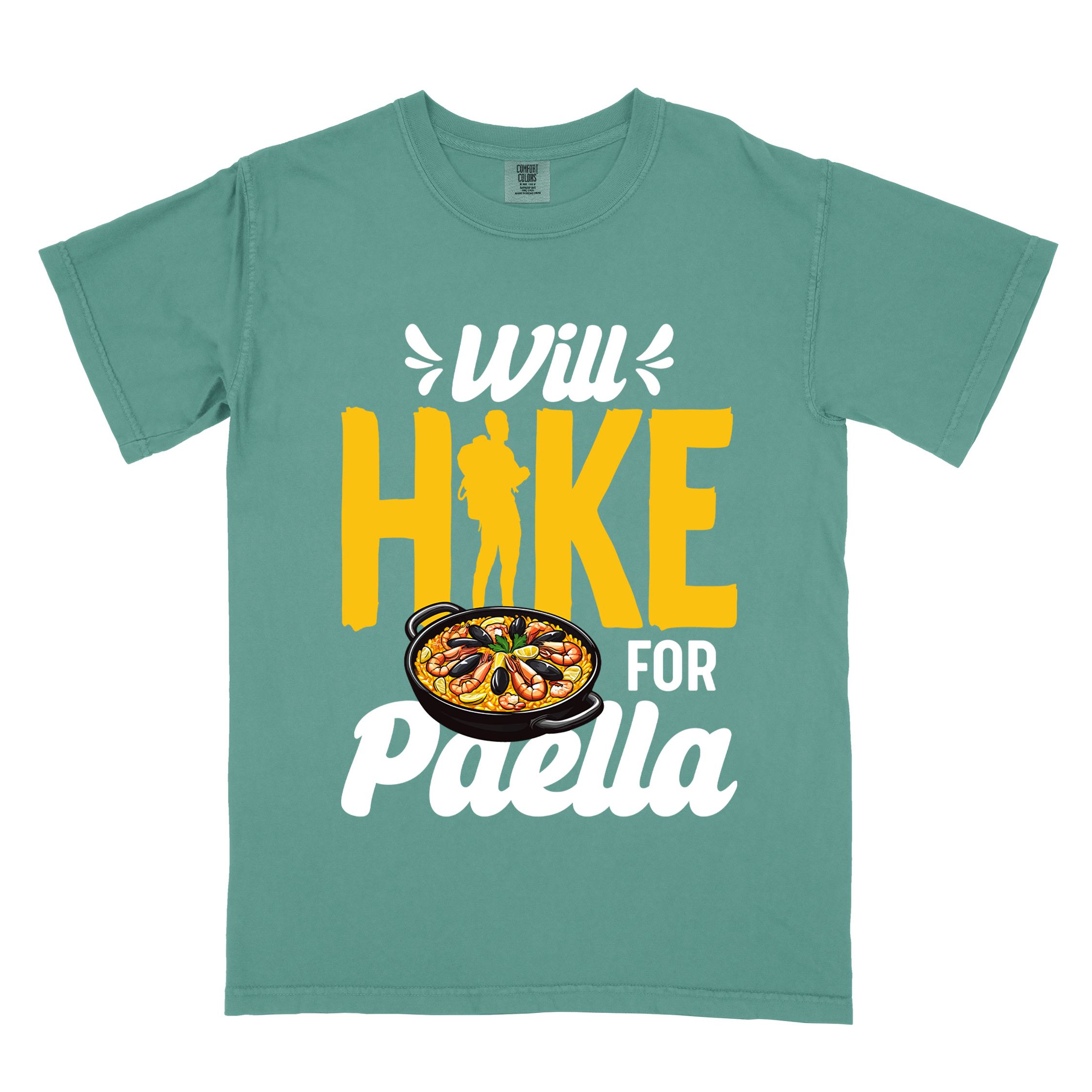 Light green "Will Hike for Paella" colored vintage tee with bold typography, illustrated paella platter, and backpackers for rice lovers.