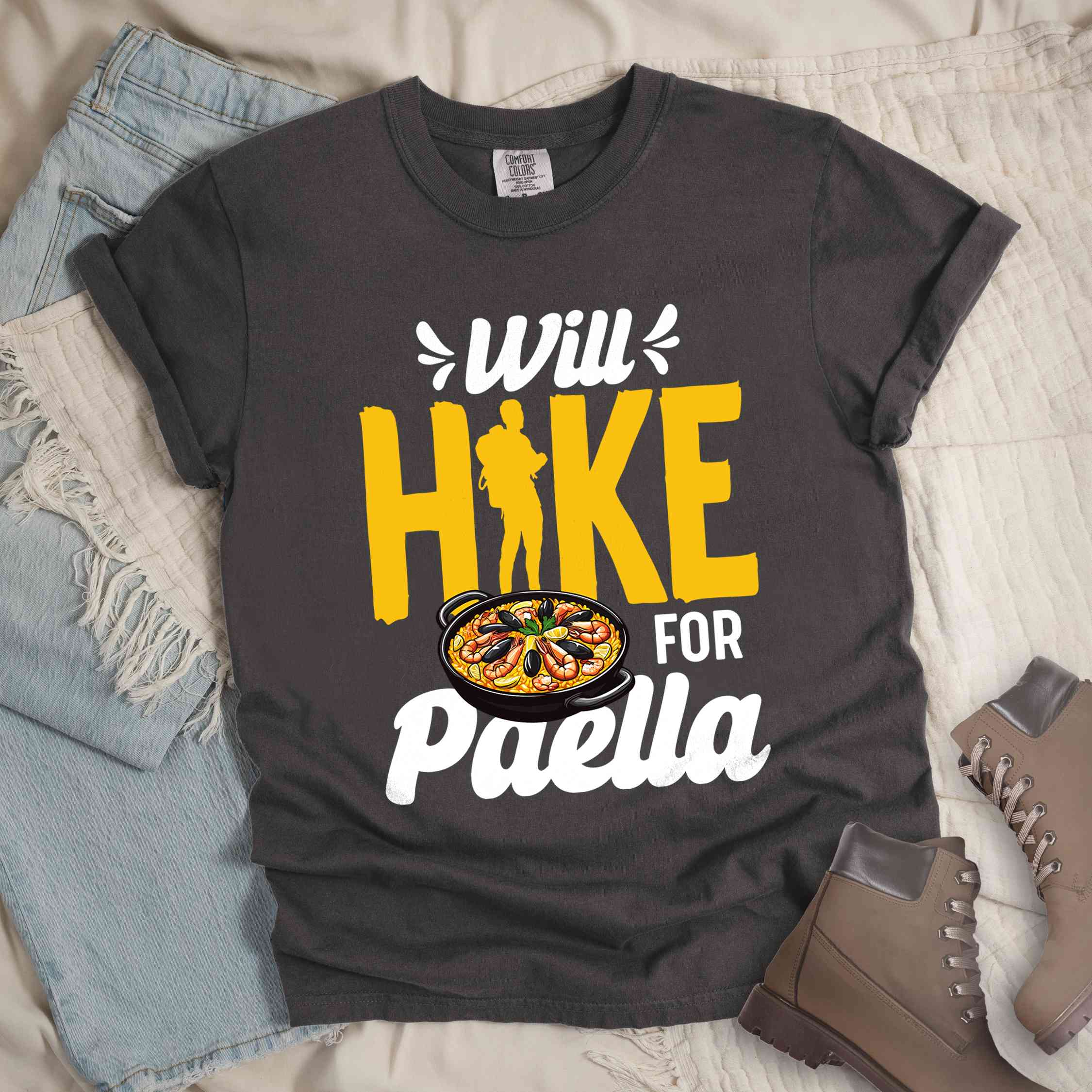 Pepper "Will Hike for Paella" colored vintage tee with bold typography, illustrated paella platter, and backpackers for rice lovers.