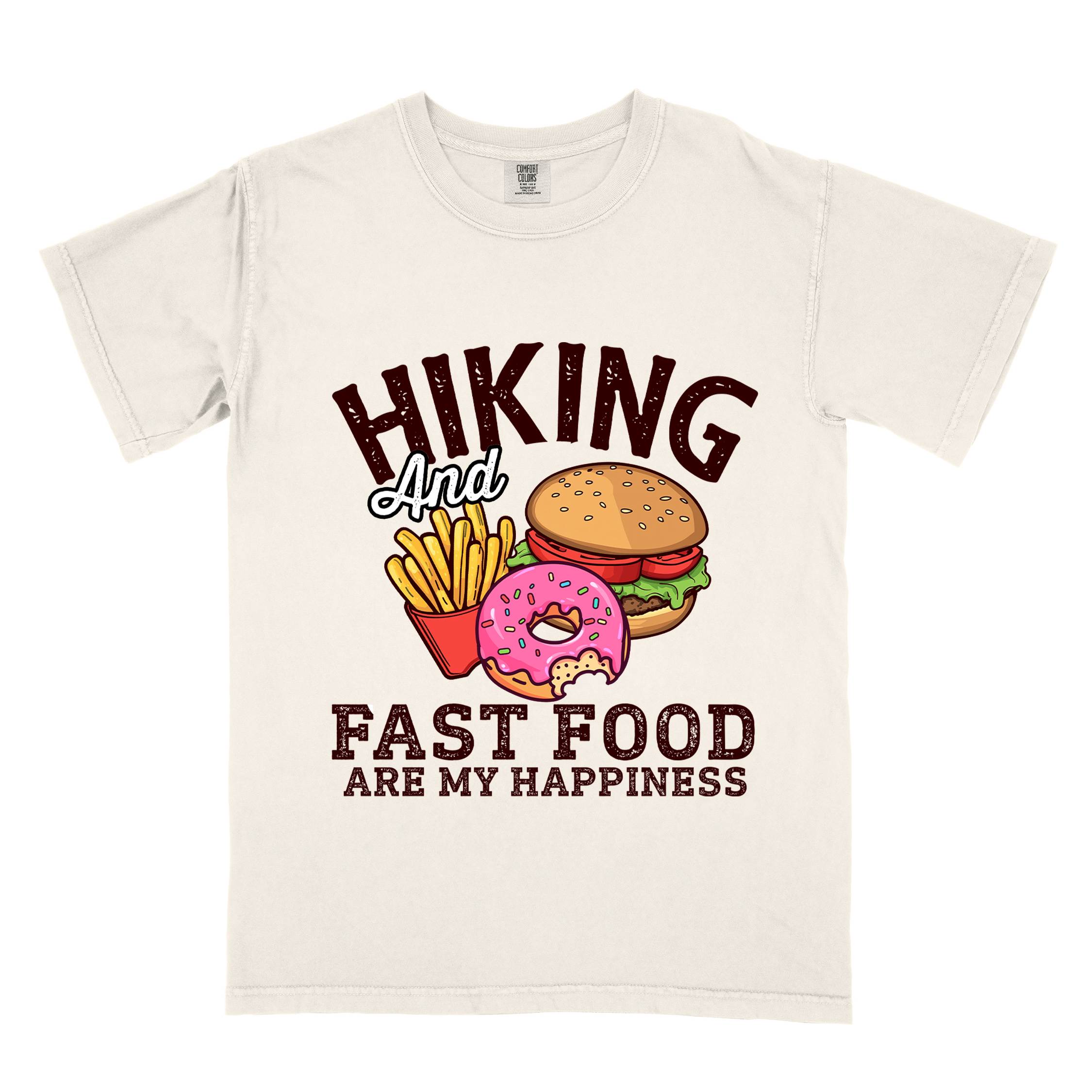 Ivory "Hiking and Fast Food are my Happiness" colored vintage tee with bold typography, and illustrated fast food meal for the hikers who wants a rewarding meal.