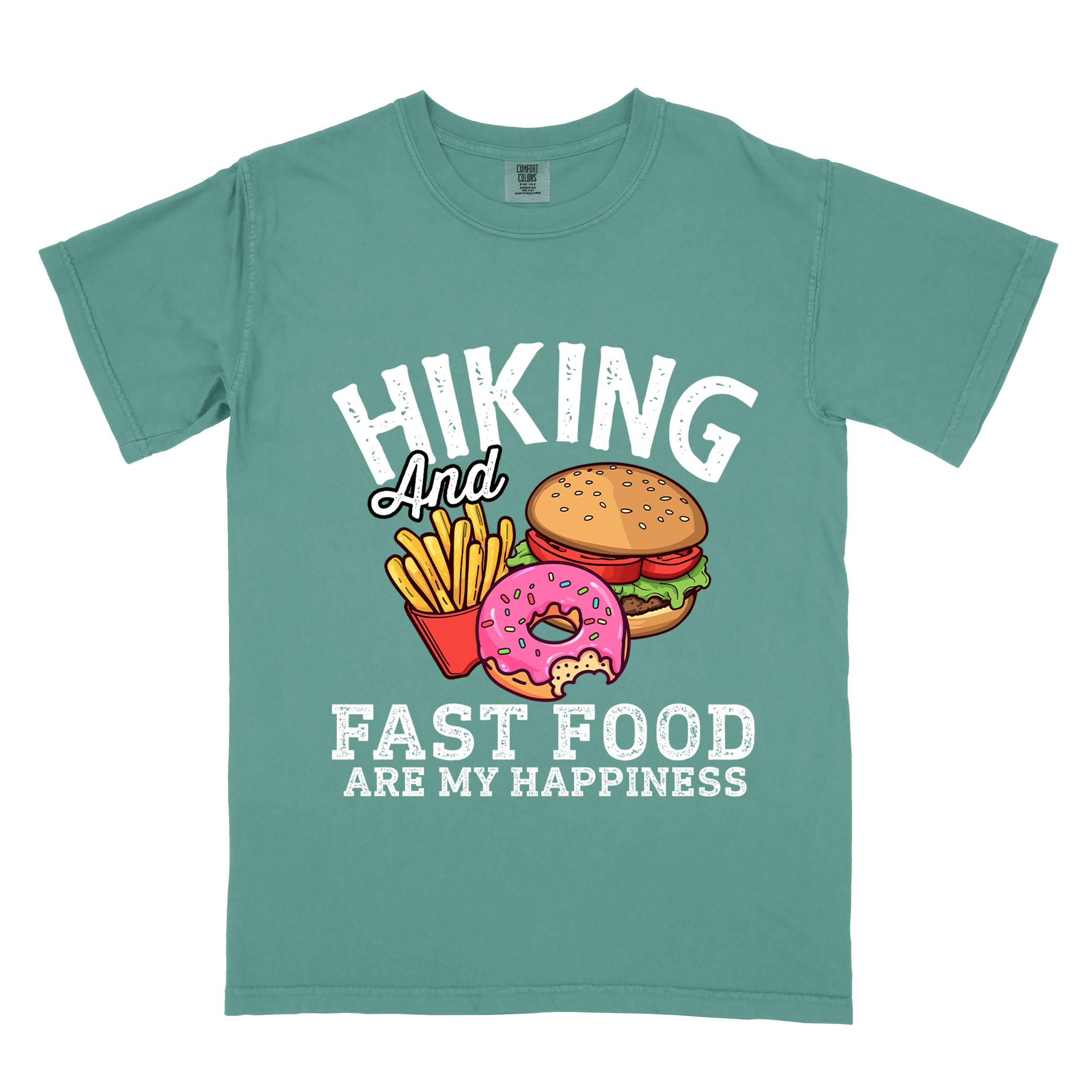 Light green "Hiking and Fast Food are my Happiness" colored vintage tee with bold typography, and illustrated fast food meal for the hikers who wants a rewarding meal.