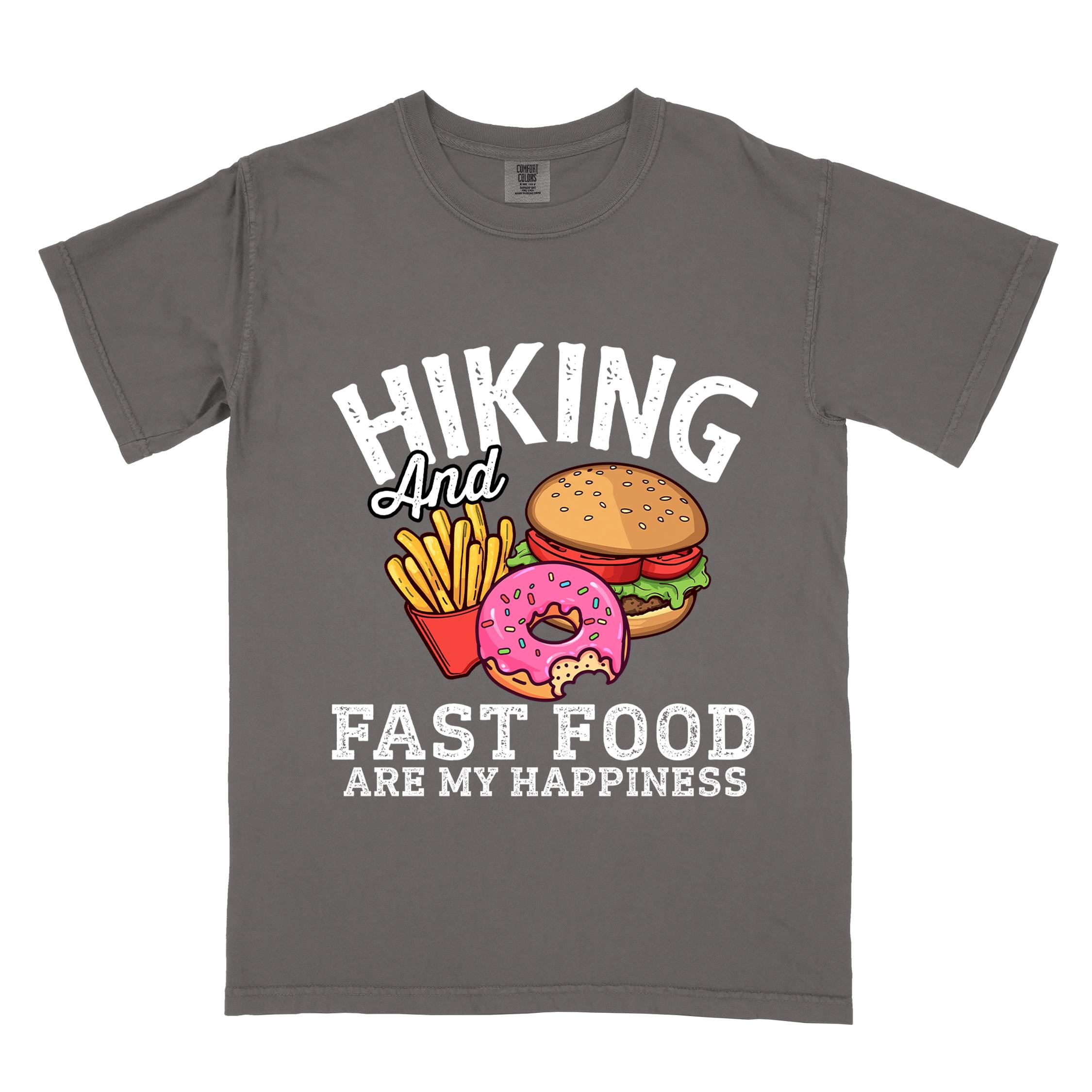 Pepper "Hiking and Fast Food are my Happiness" colored vintage tee with bold typography, and illustrated fast food meal for the hikers who wants a rewarding meal.
