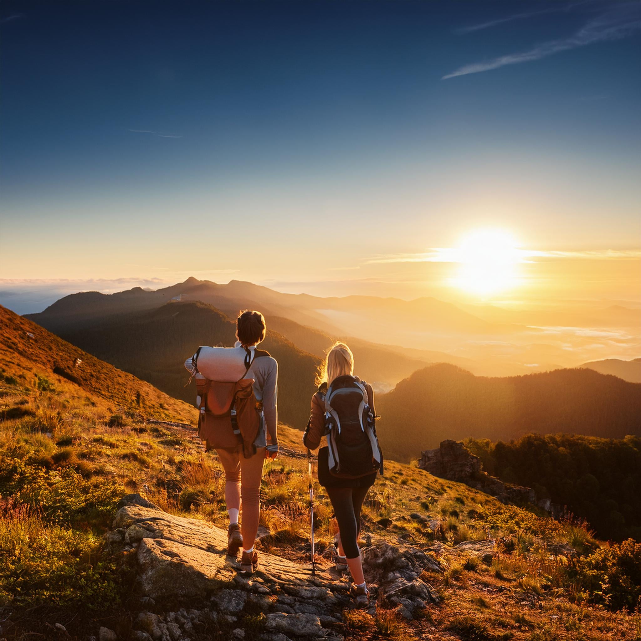 Two hikers with backpacks stand on a mountainside trail at sunset. Viewed from behind, they gaze at a breathtaking panorama of mountain ranges bathed in golden light. The sun is setting on the horizon, casting warm orange and yellow hues across the landscape. Low clouds fill some valleys while the hillside they stand on is illuminated with golden-hour light on rocky terrain and alpine vegetation.