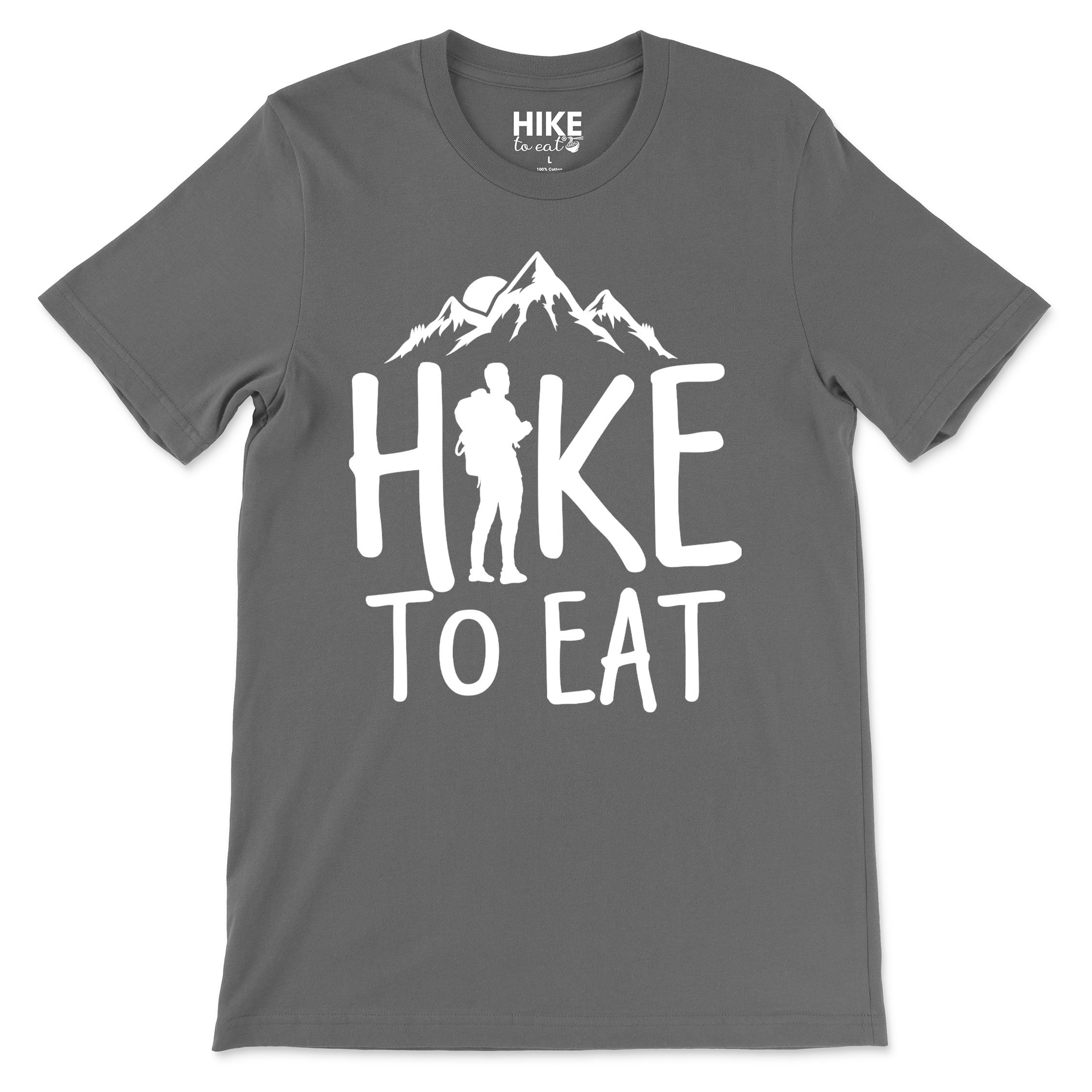 Gray t-shirt with 'Hike to Eat' design on a white background