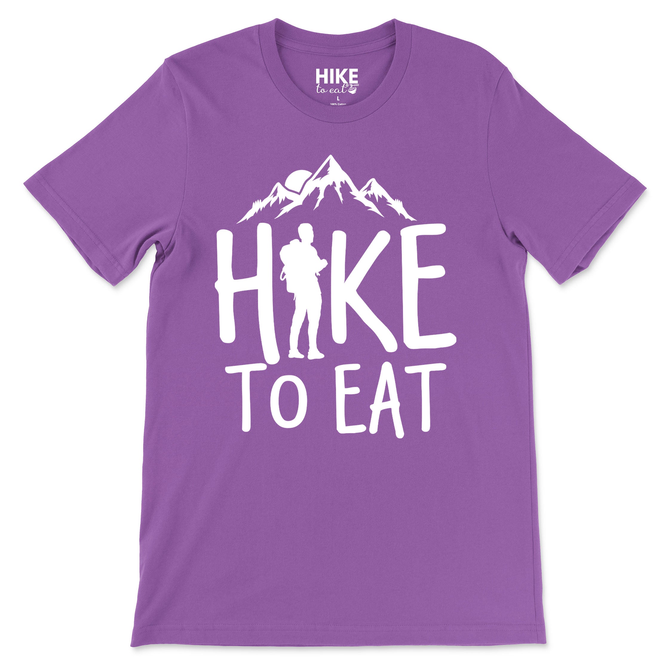 Purple t-shirt with 'Hike to Eat' design on a white background