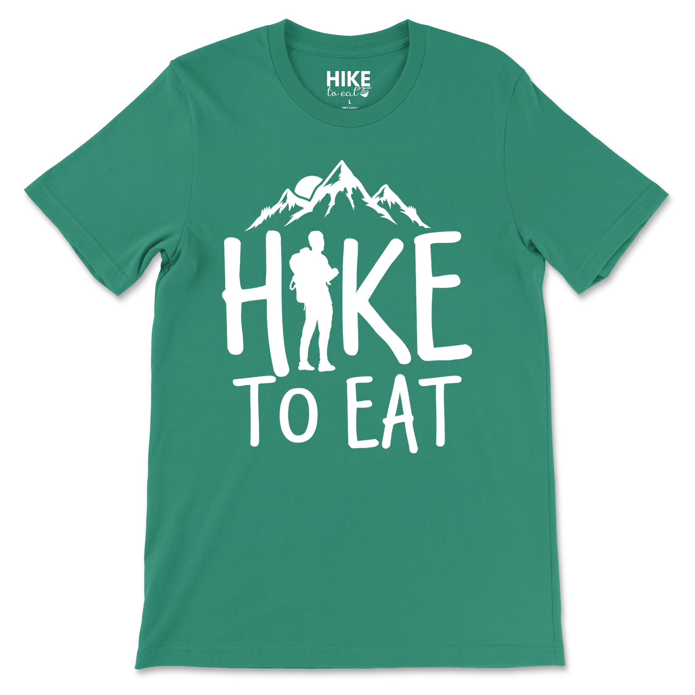 Green t-shirt with 'Hike to Eat' design on a white background